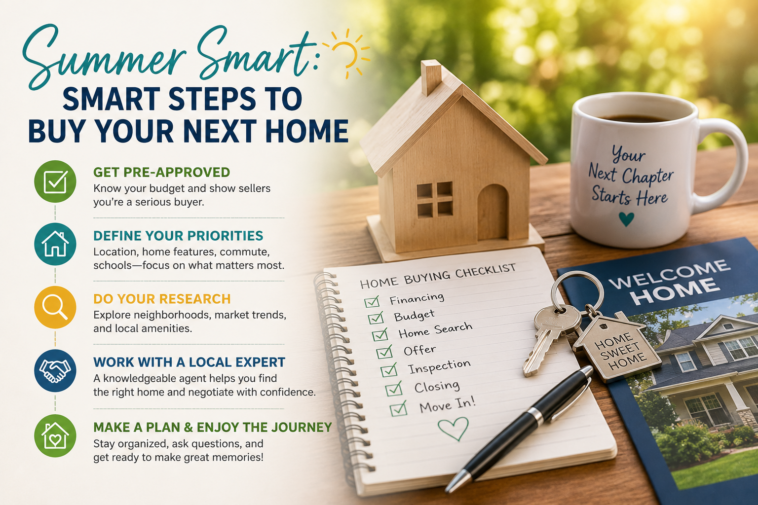Illustration of a home buying checklist with a model house, keys, and planning tools, highlighting important steps such as getting pre-approved, researching neighborhoods, and preparing to purchase a home in Oregon's Willamette Valley.