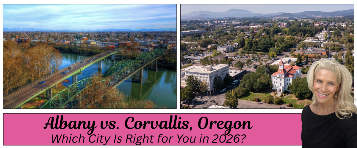 Side-by-side aerial views comparing Albany and Corvallis, Oregon, highlighting each city's downtown, neighborhoods, and unique character.