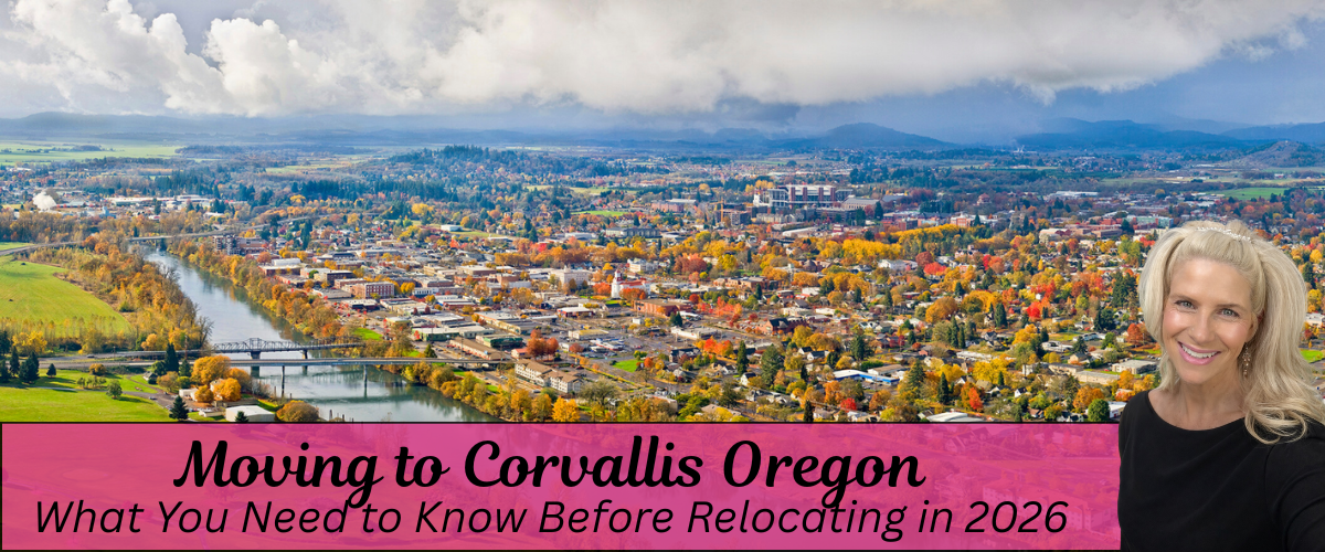 Aerial drone view of Corvallis, Oregon showcasing downtown neighborhoods, Oregon State University, and the surrounding Willamette Valley landscape.