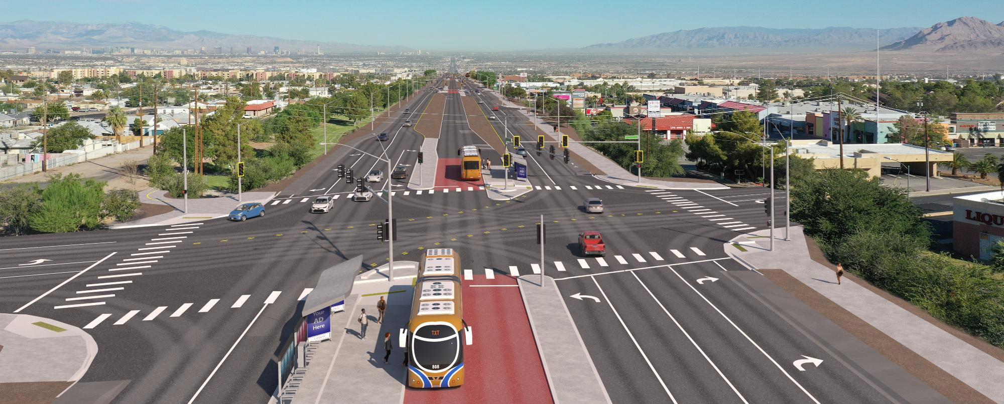 Design rendering of the redesigned Boulder Highway with center-running transit lanes (City of Henderson Reimagine Boulder Highway project)
