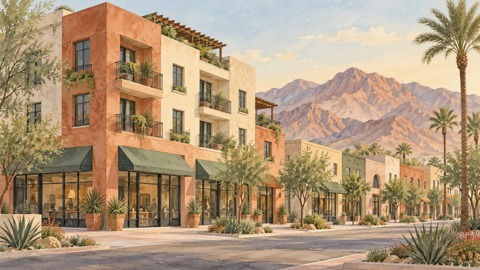 AI-generated editorial illustration of a generic desert downtown, not a photograph or rendering of Water Street or The Watermark.