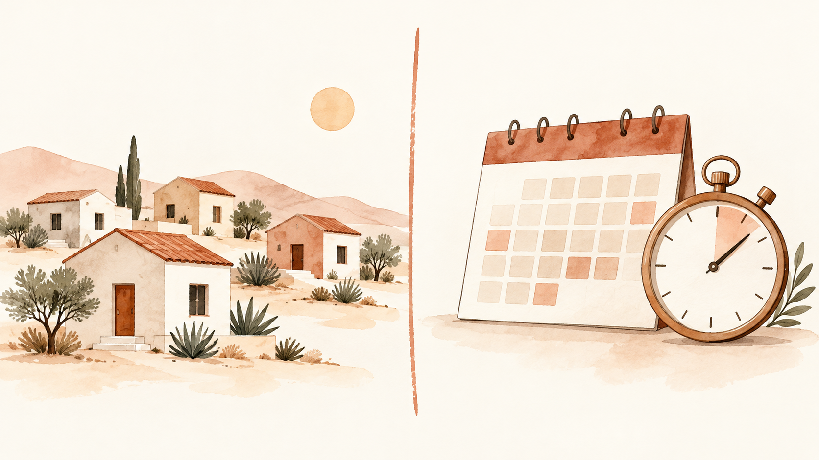 AI-generated editorial illustration of generic desert homes, a calendar and a stopwatch, not a neighborhood photograph or data chart.