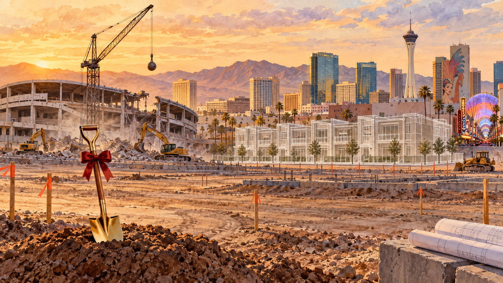 Conceptual editorial illustration of a downtown Las Vegas infill construction site: the old Cashman stadium being demolished, a ceremonial groundbreaking shovel, and sketched future townhomes with the downtown skyline behind. AI-generated illustrative concept, not an official rendering.