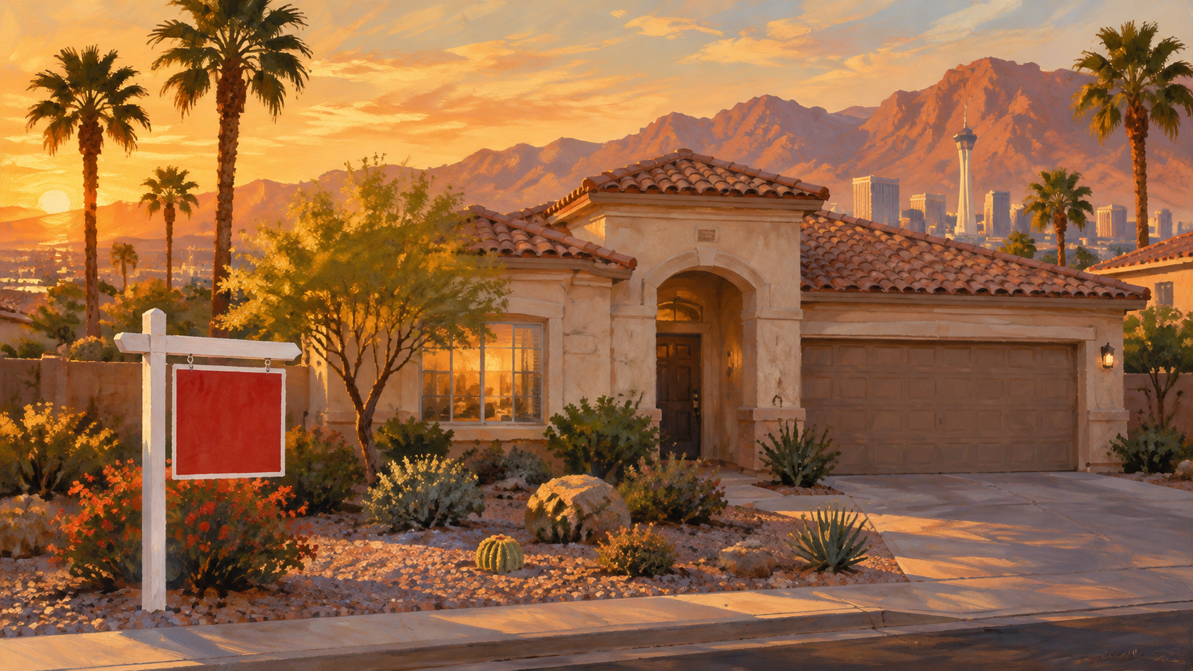 Illustration of a Las Vegas home with a For Sale sign at golden hour (AI-generated editorial illustration)