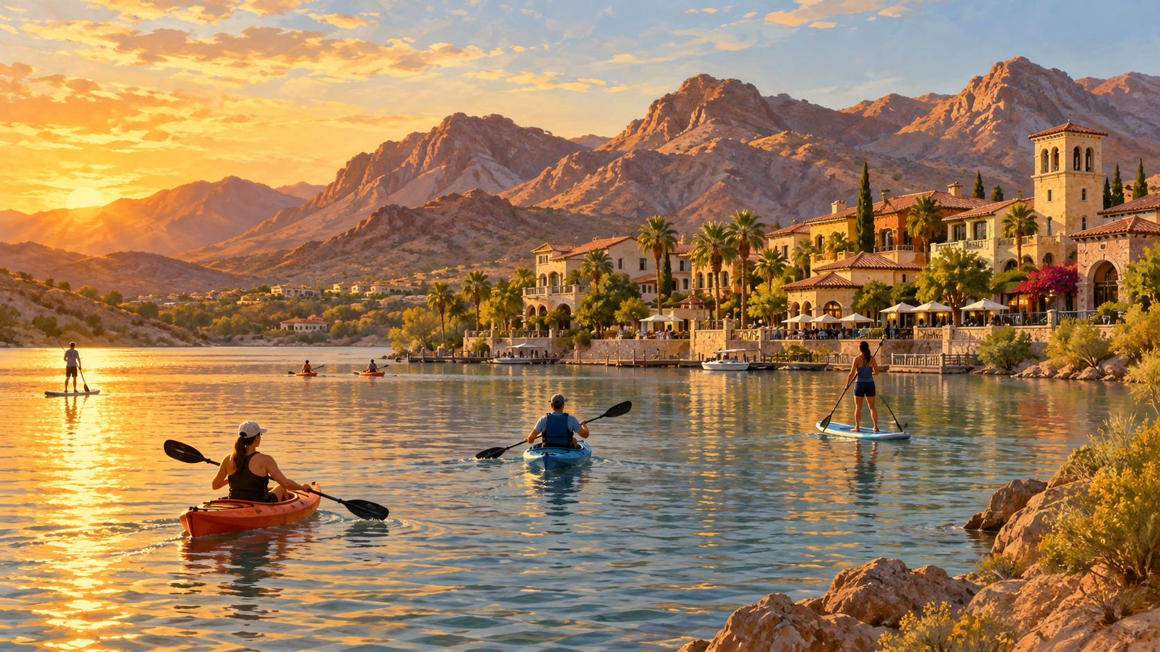 Illustration of Lake Las Vegas with kayakers and the lakeside village at golden hour (AI-generated editorial illustration)