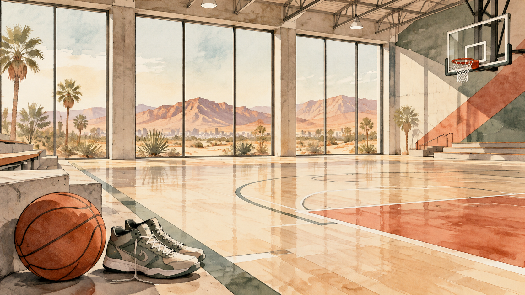 AI-generated editorial illustration of a generic basketball setting, not a photograph or rendering of Hylo Park.