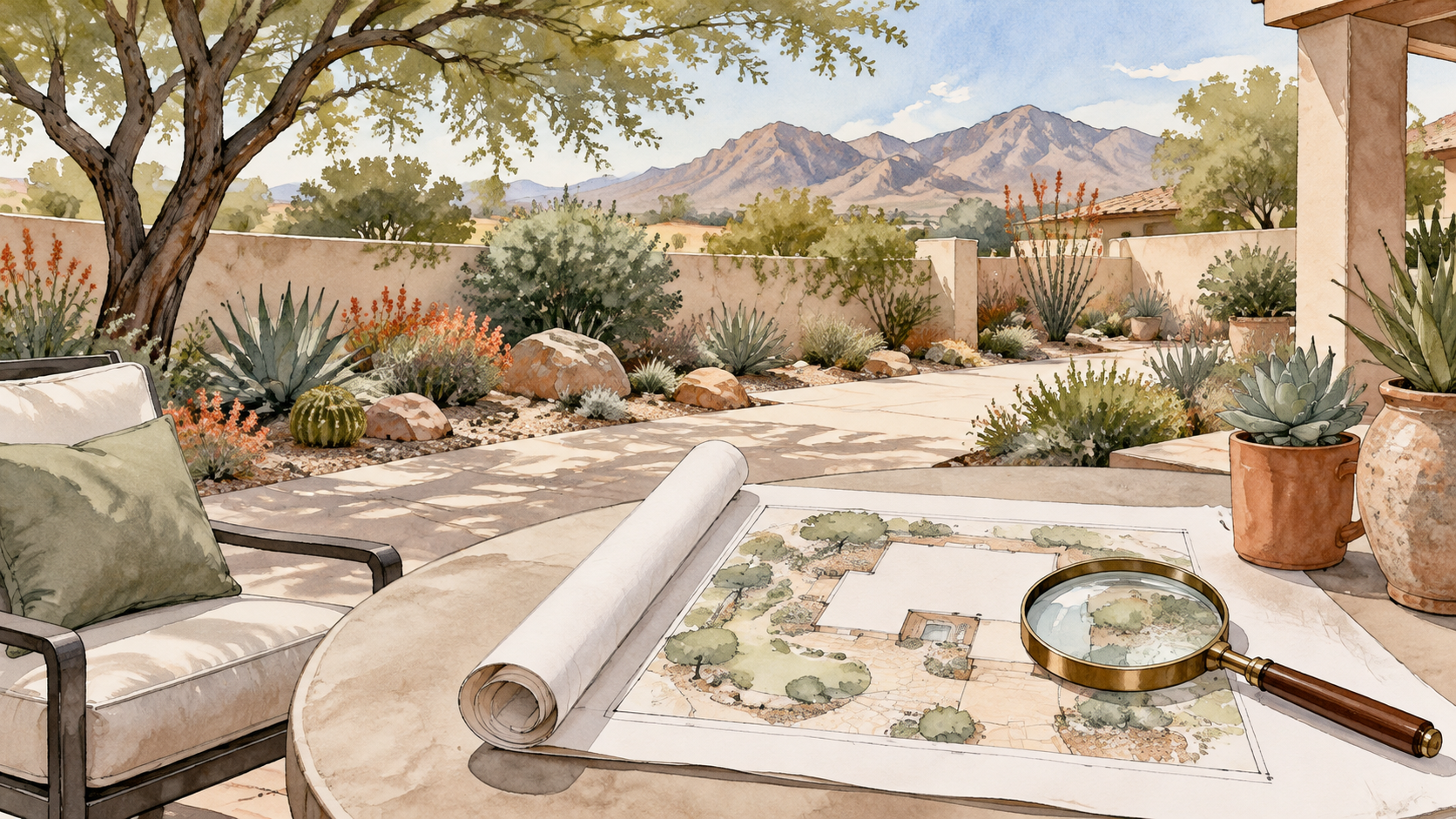 AI-generated editorial illustration of a generic desert backyard and a site plan, not an actual property or easement map.