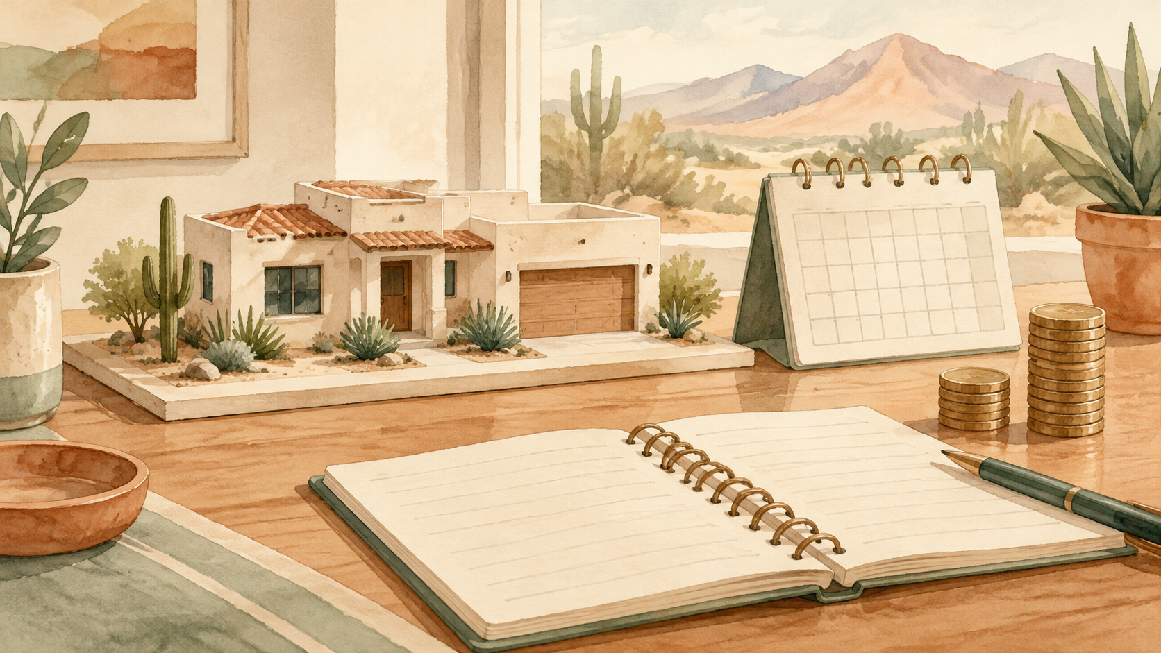 AI-generated editorial illustration of a generic home model and budget notebook, not a mortgage quote or payment chart.