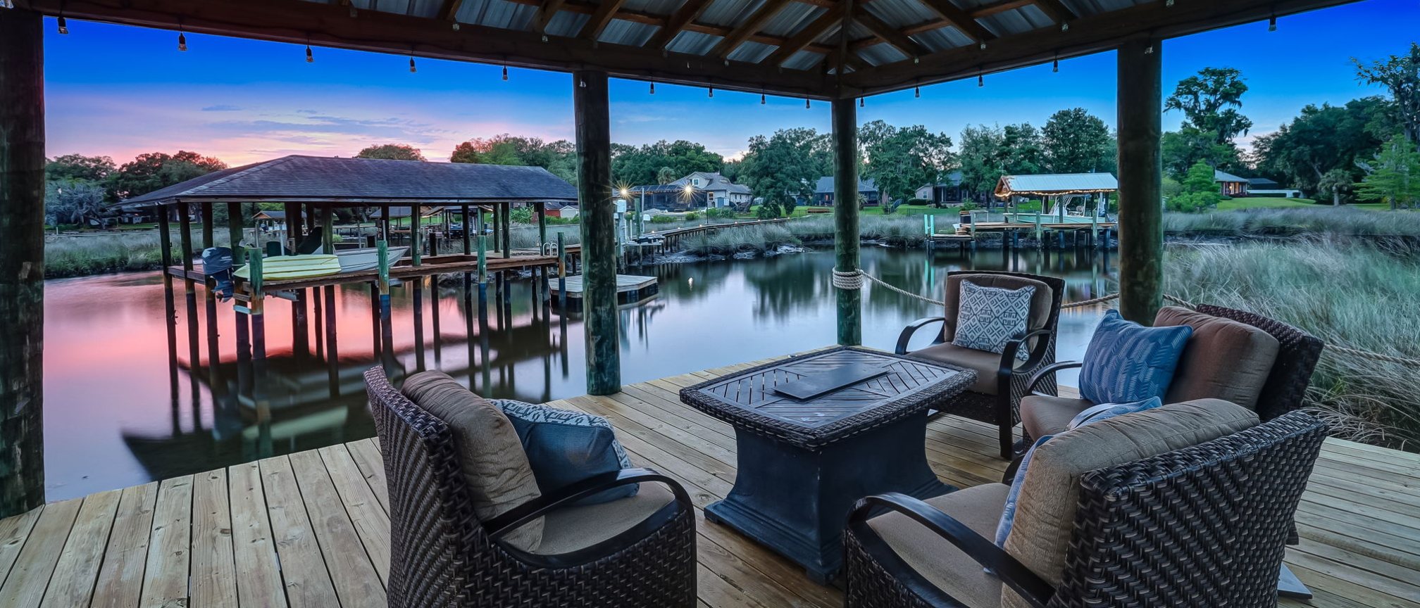 Dock overlooking the river at sunset in Jacksonville Beach.