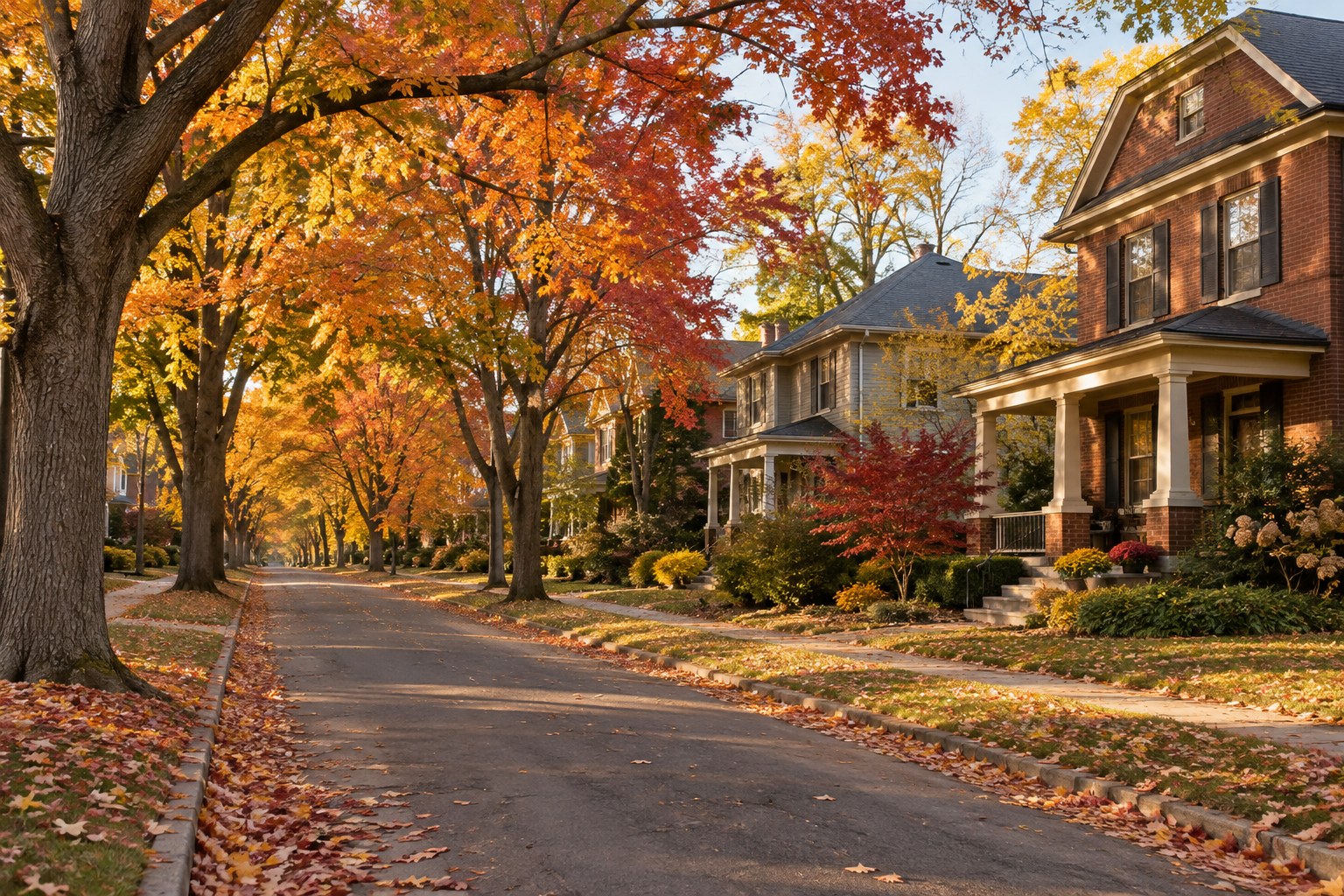 Tree-lined Midwest neighborhood street with older homes and peak fall color