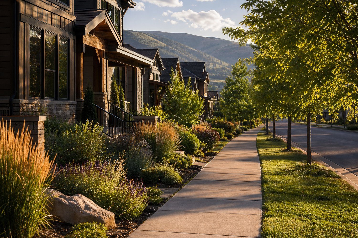 A tree-lined residential street of mountain-style townhomes in the Park City area