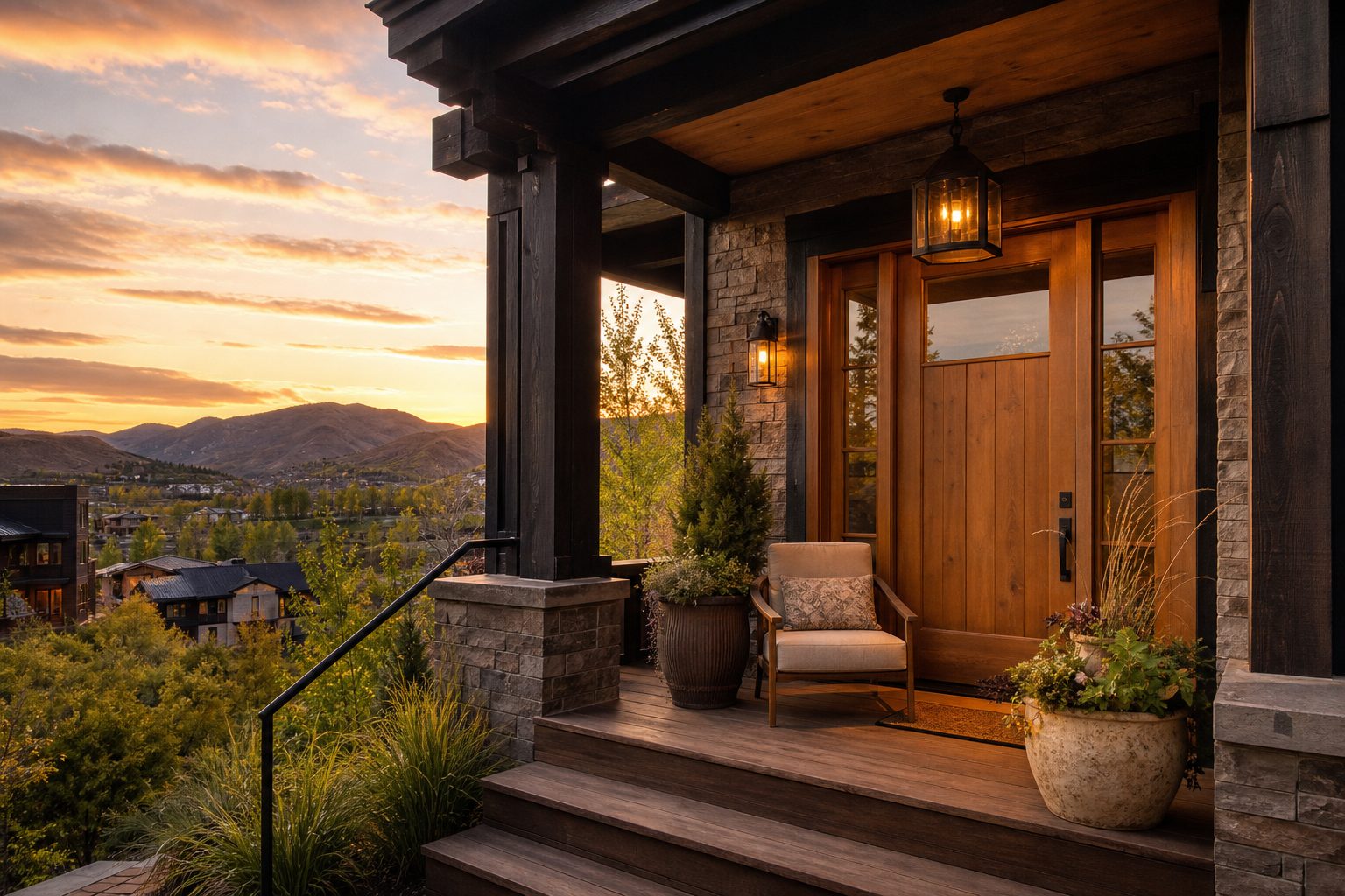Covered front porch of a mountain-modern home at sunset overlooking the foothills near Park City, Utah.