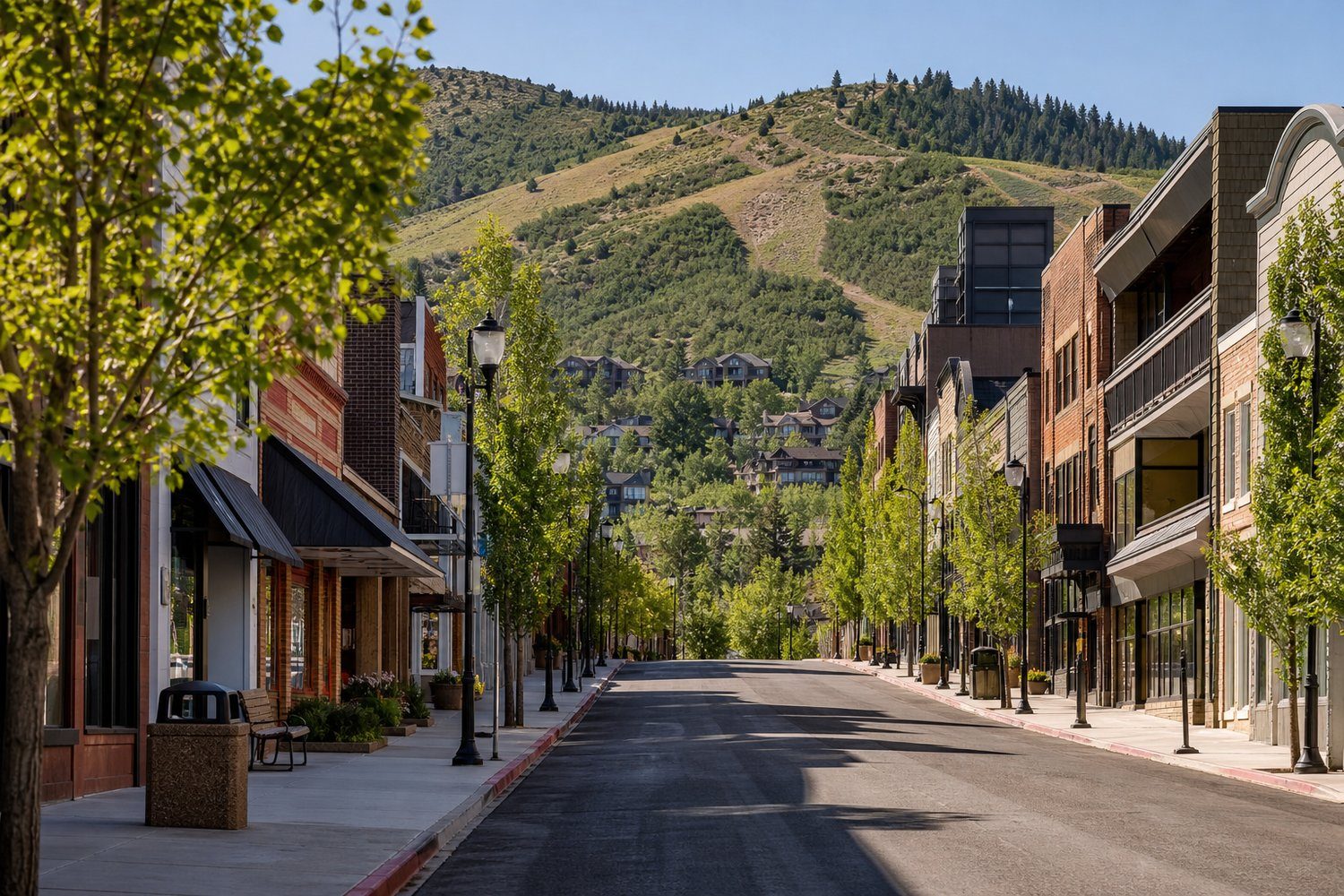 Tree-lined historic storefronts below a green summer ski run in Park City, Utah