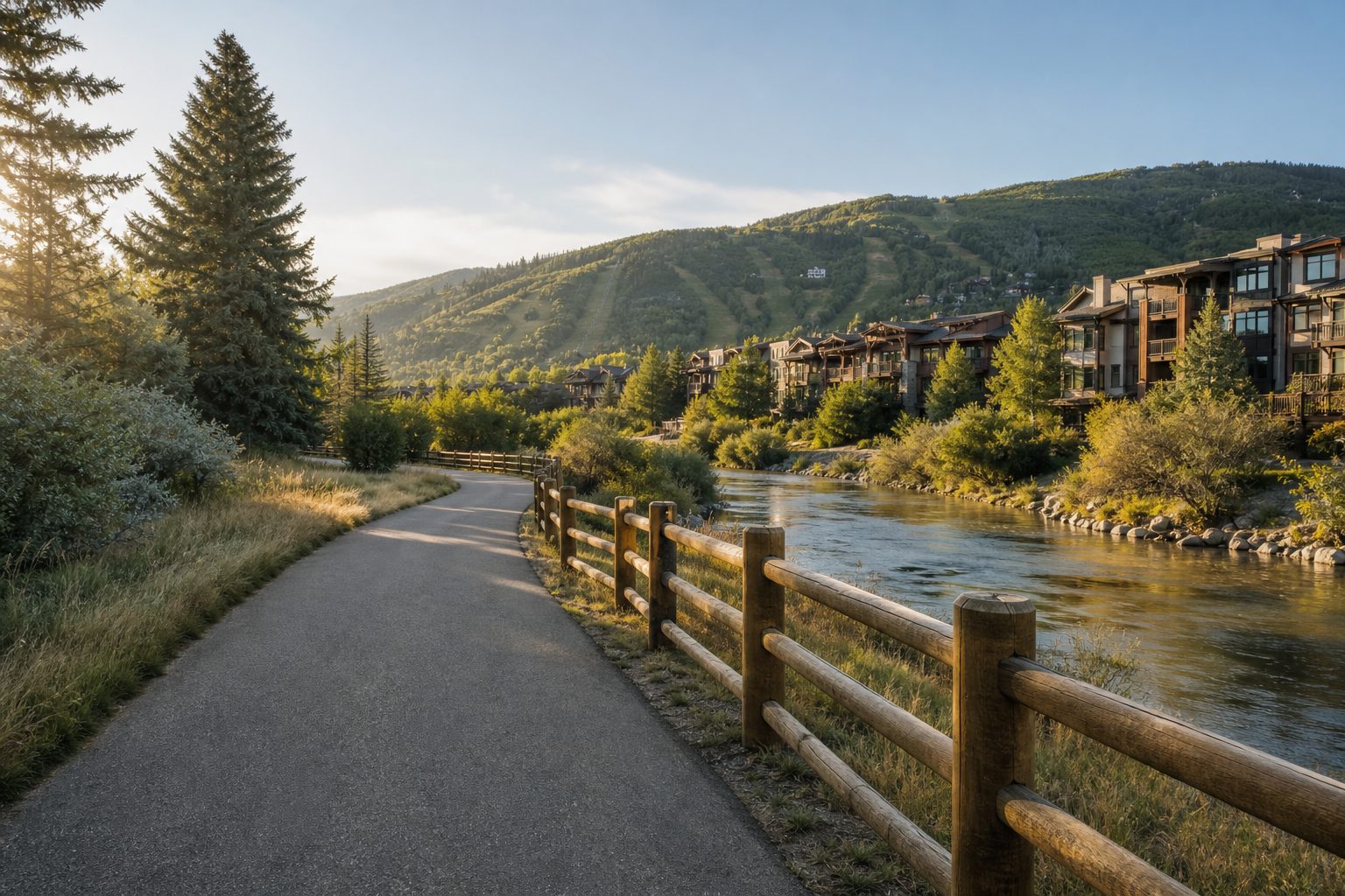 Paved riverside trail and split-rail fence below a hillside of resort condominiums and ski runs in the Park City area