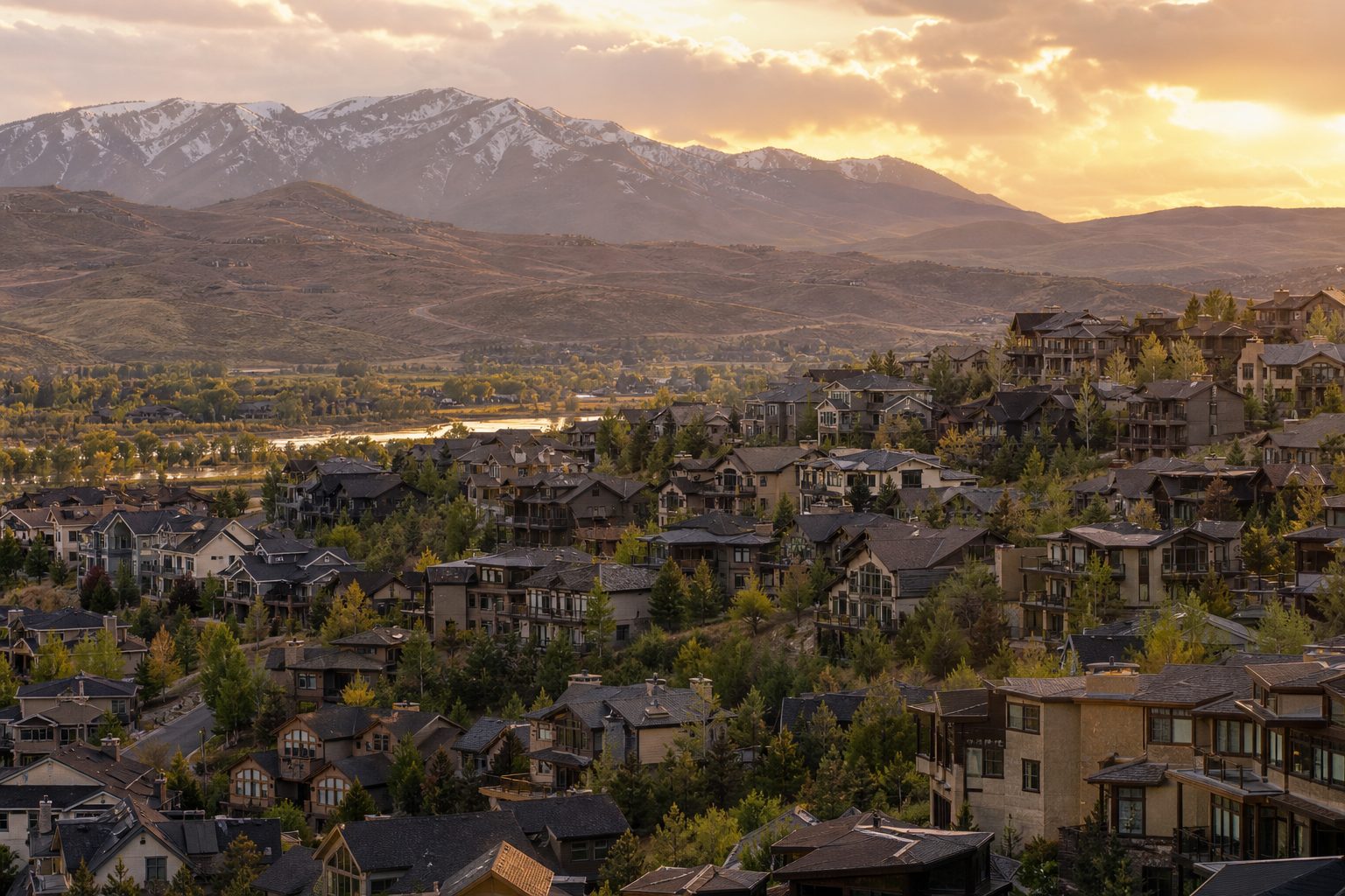 Aerial view of rooftops across the Salt Lake Valley at dusk