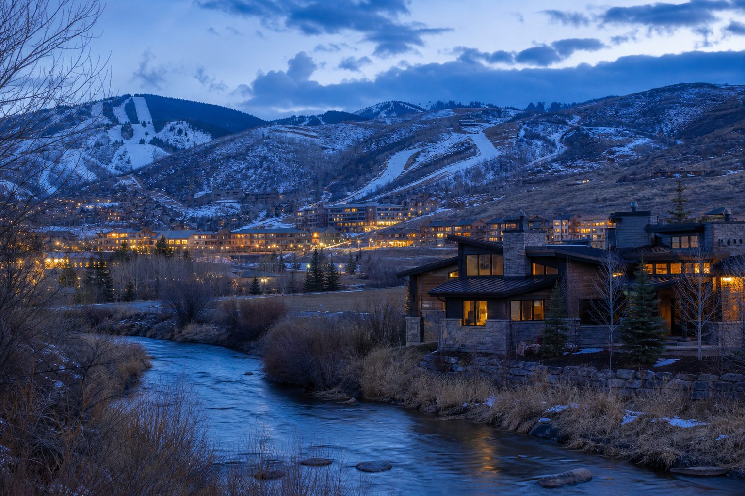 Condominium and townhome buildings lit at dusk below Park City's ski slopes, with a creek in the foreground