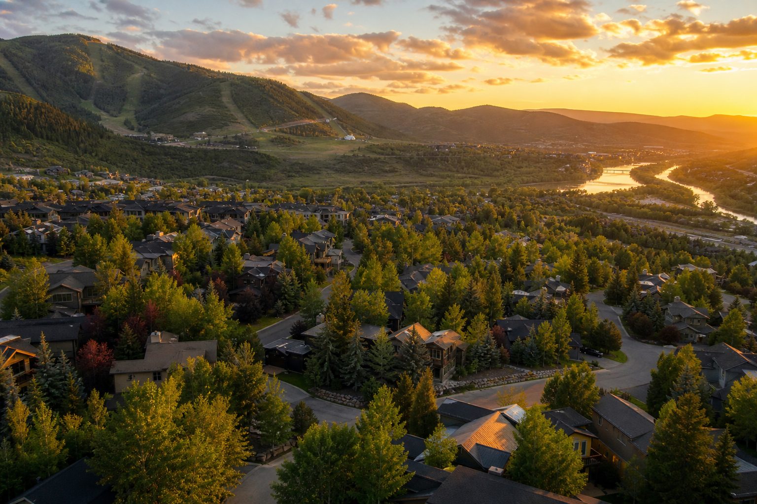 Aerial view at sunset of a Park City, Utah residential neighborhood with ski runs on the mountainside beyond