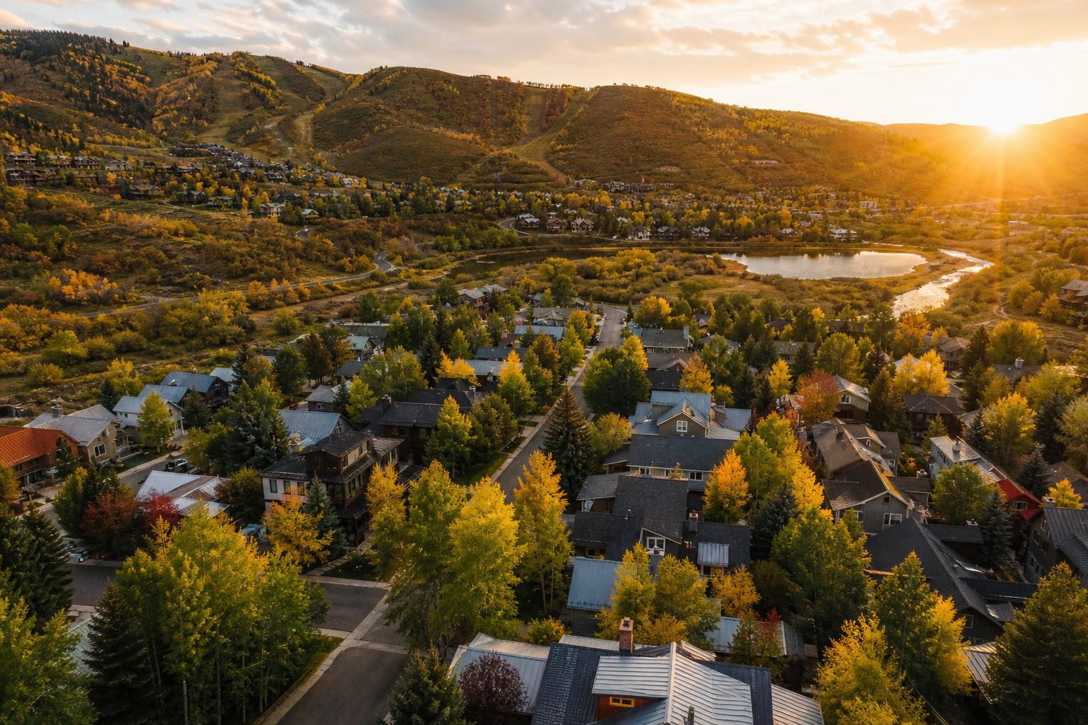 Aerial view of a Park City, Utah residential neighborhood in autumn