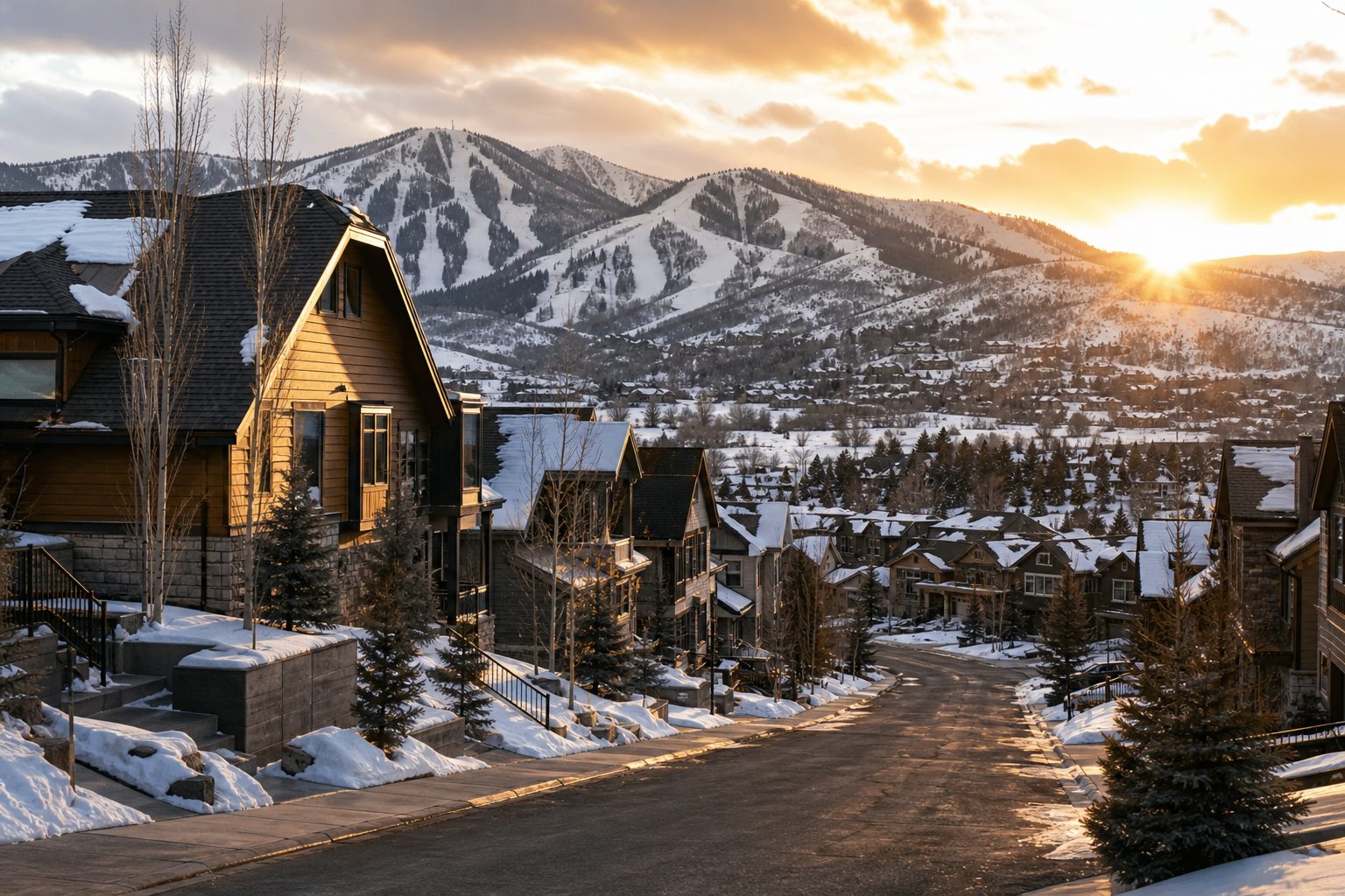 A snow-covered residential street at sunrise below ski runs in the Wasatch Mountains, Utah