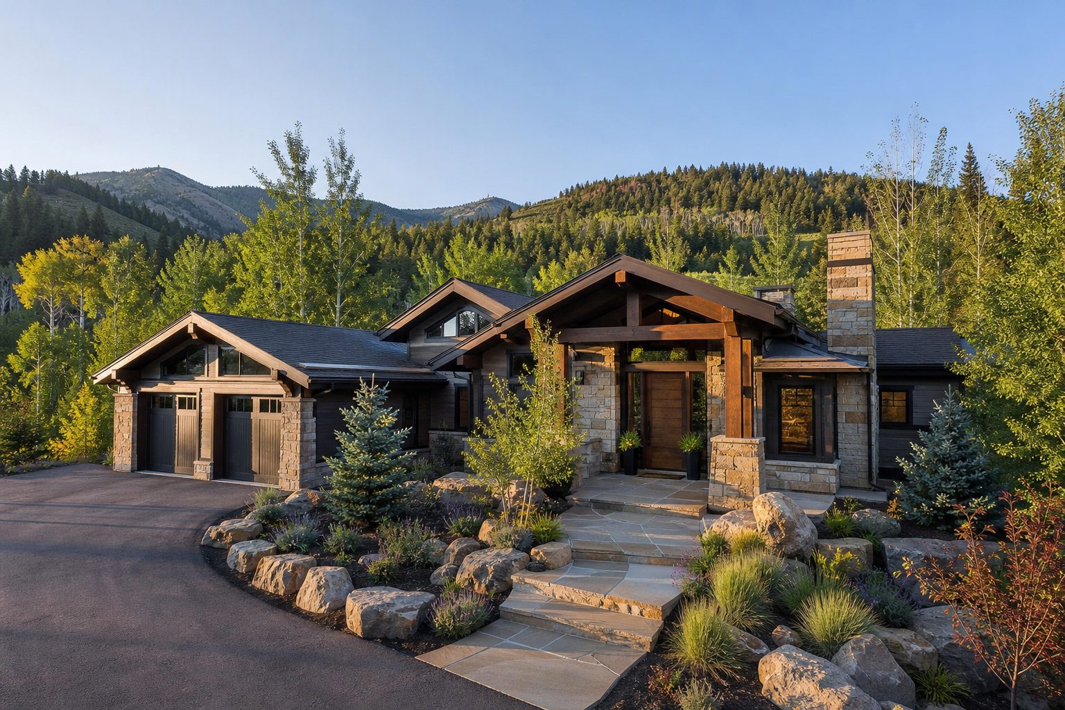 Stone and timber mountain home surrounded by pines in Park City, Utah