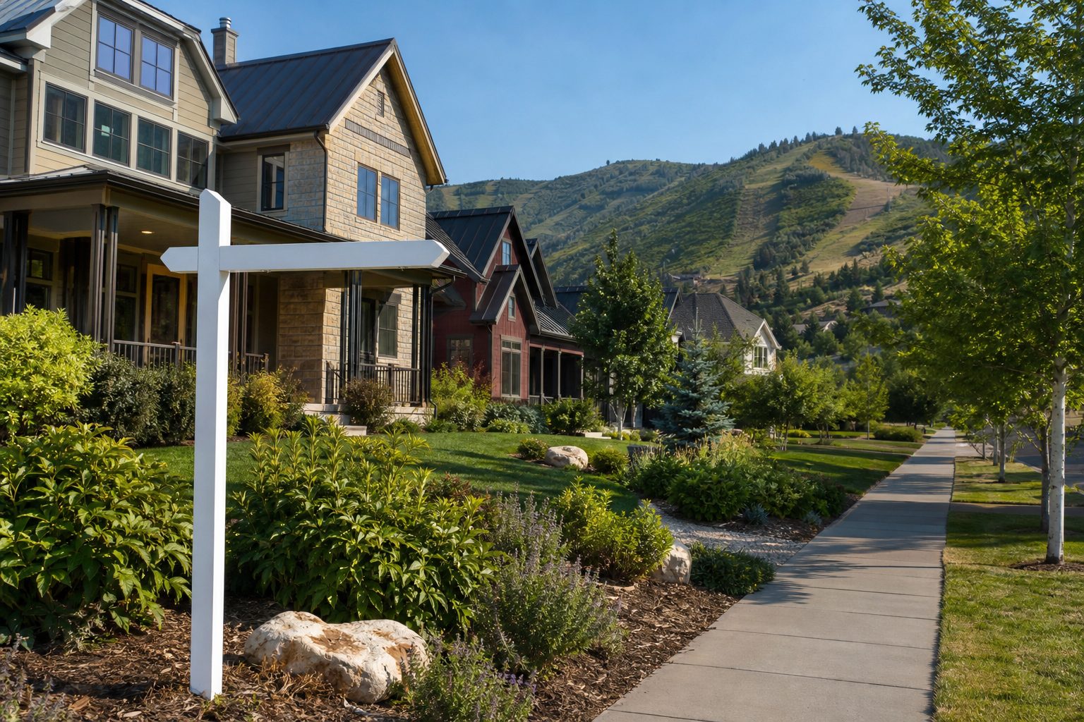 Empty white real estate sign post outside Park City homes on a summer morning, with green ski runs on the mountainside behind