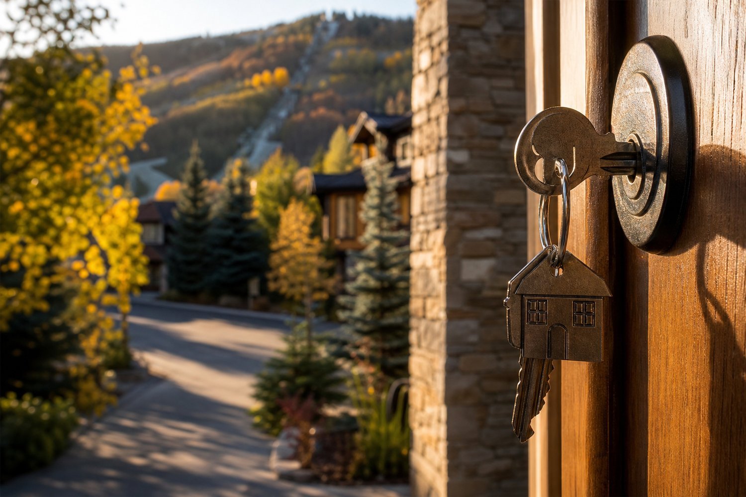 House key with a house-shaped key ring in a front door lock, autumn trees and mountain homes behind