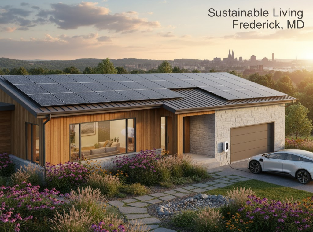 Energy-efficient modern home in Frederick, Maryland with rooftop solar panels and eco-friendly landscaping, symbolizing sustainable living and lower energy costs.