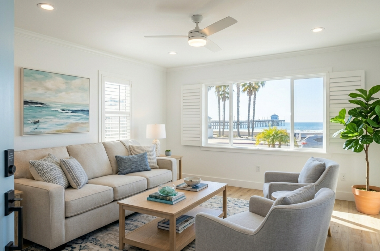 Living room staged with fresh paint and modern lighting in Imperial Beach home