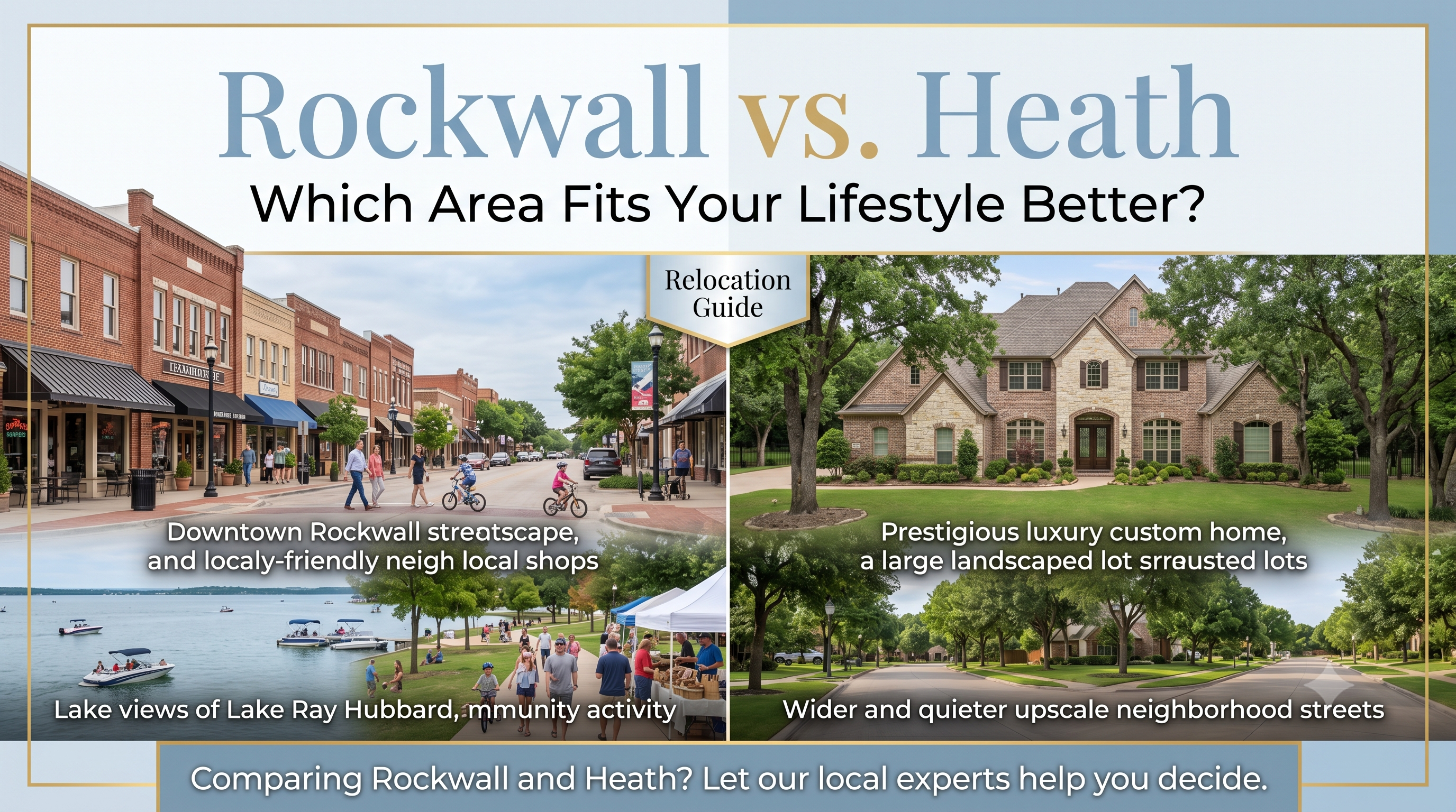 Comparison of Rockwall and Heath Texas neighborhoods featuring downtown amenities, luxury homes, and community lifestyle differences.