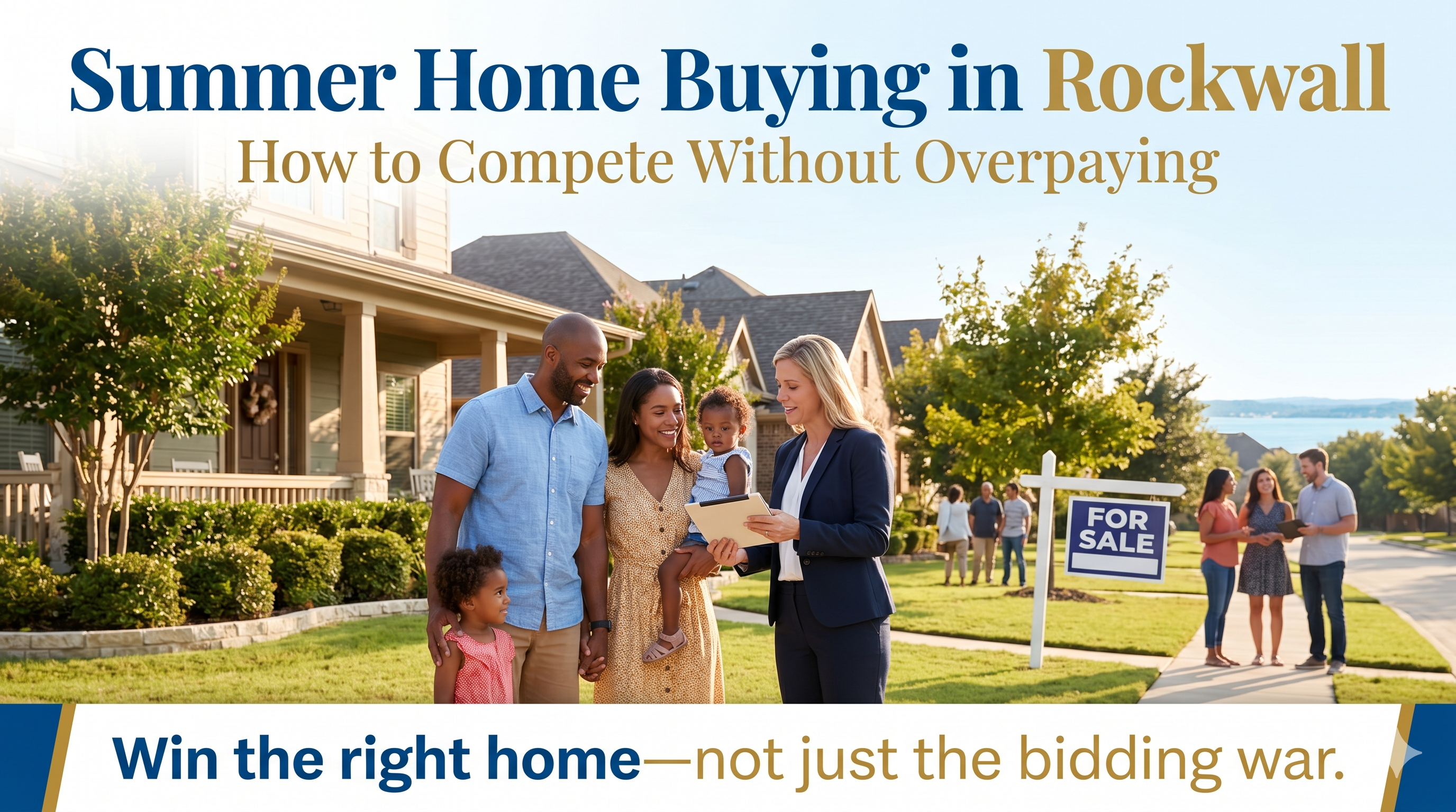 Family touring a home in Rockwall, Texas during summer while discussing competitive home buying strategies with a real estate agent.