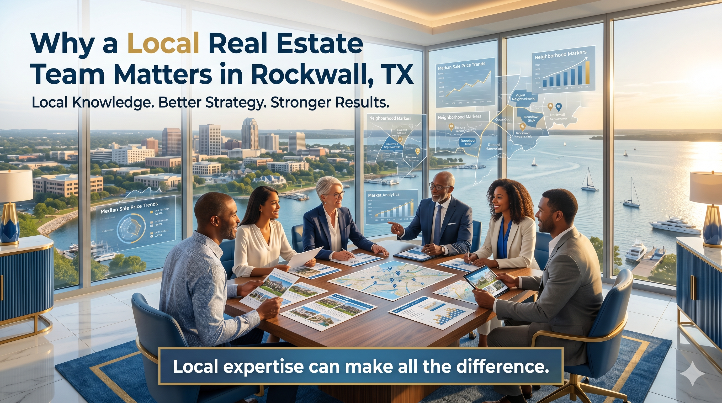 Local Rockwall real estate team meeting with home buyers and sellers while discussing neighborhood insights, pricing strategy, and market trends.