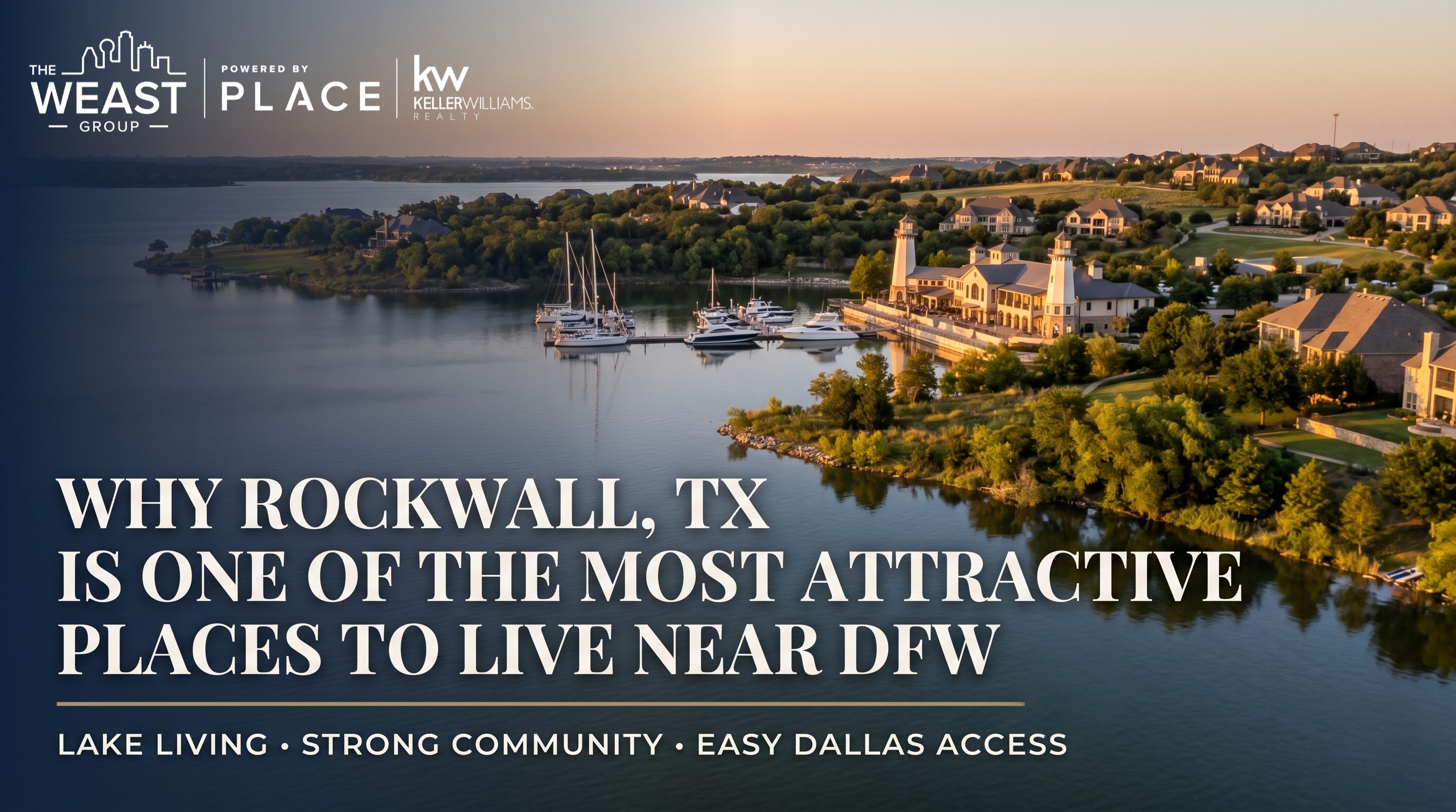 Lake Ray Hubbard at sunset in Rockwall, TX with scenic waterfront and nearby suburban homes.