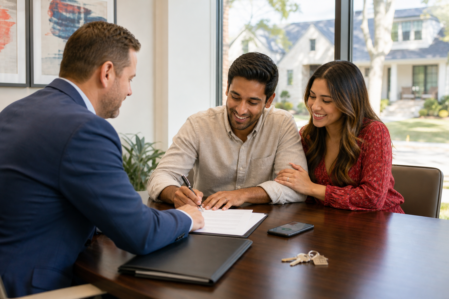 Home buyers signing closing documents while house keys wait on the table