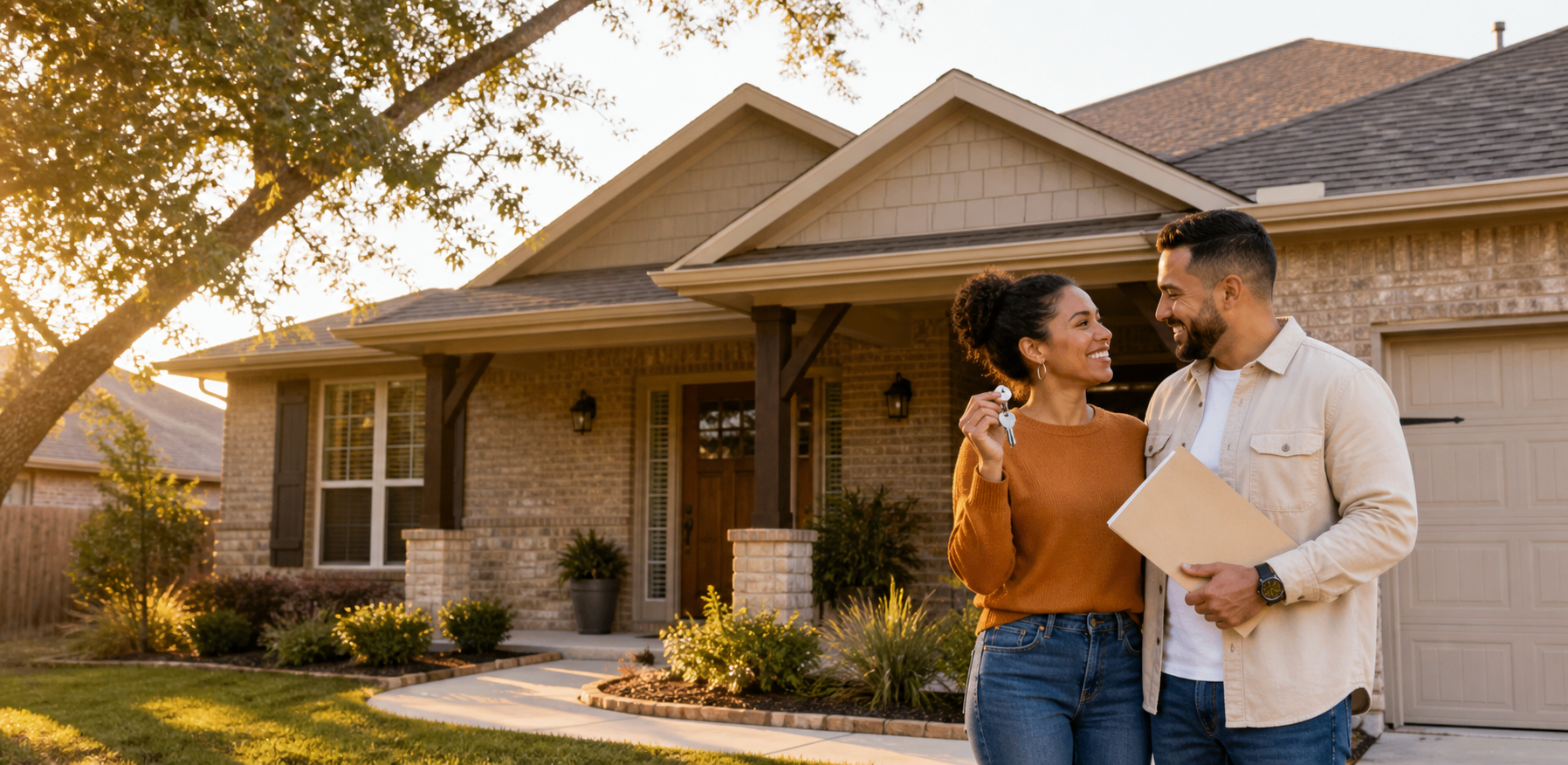 New homeowners holding keys outside their North Texas home