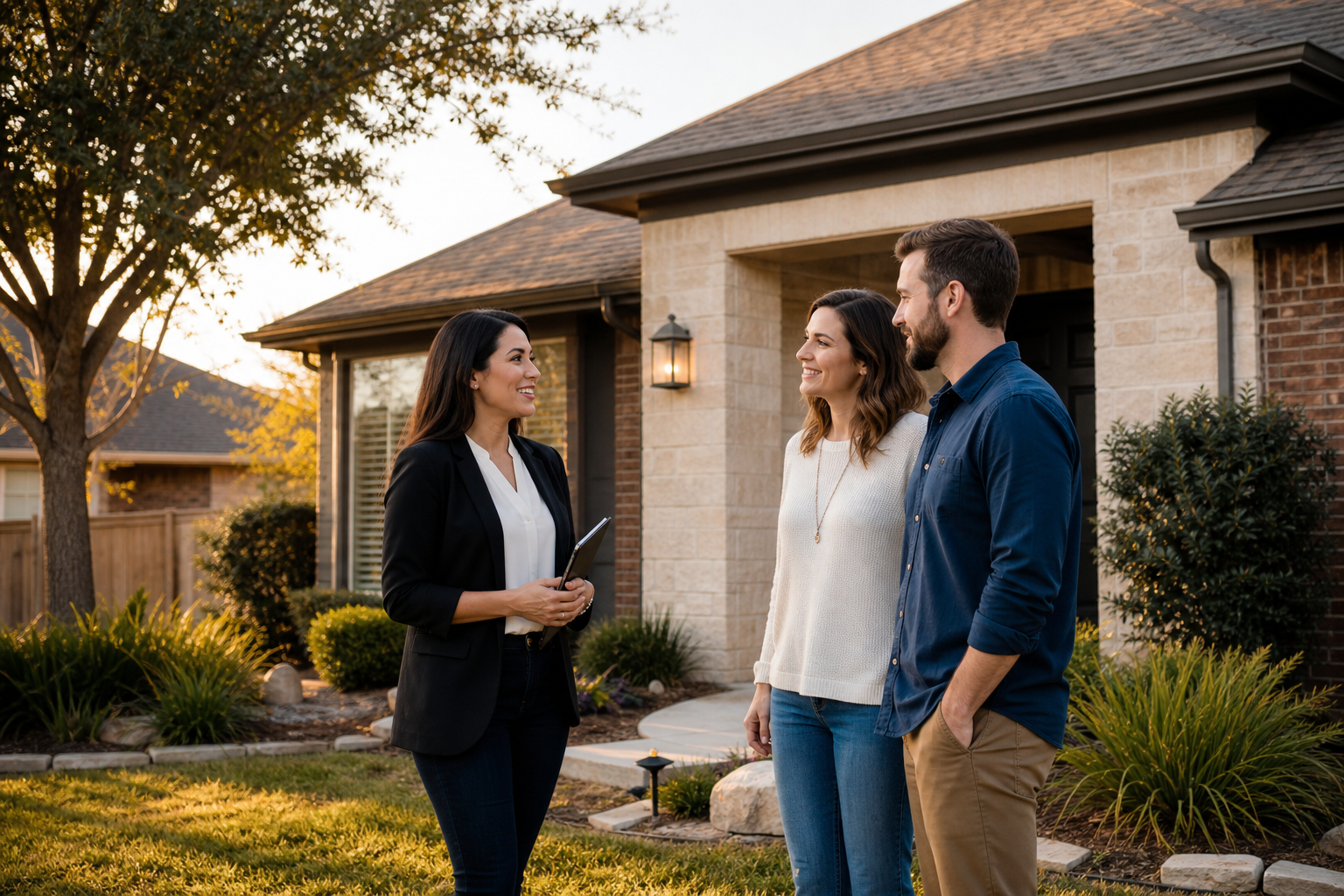 A real estate agent meeting prospective home buyers outside a welcoming North Texas home