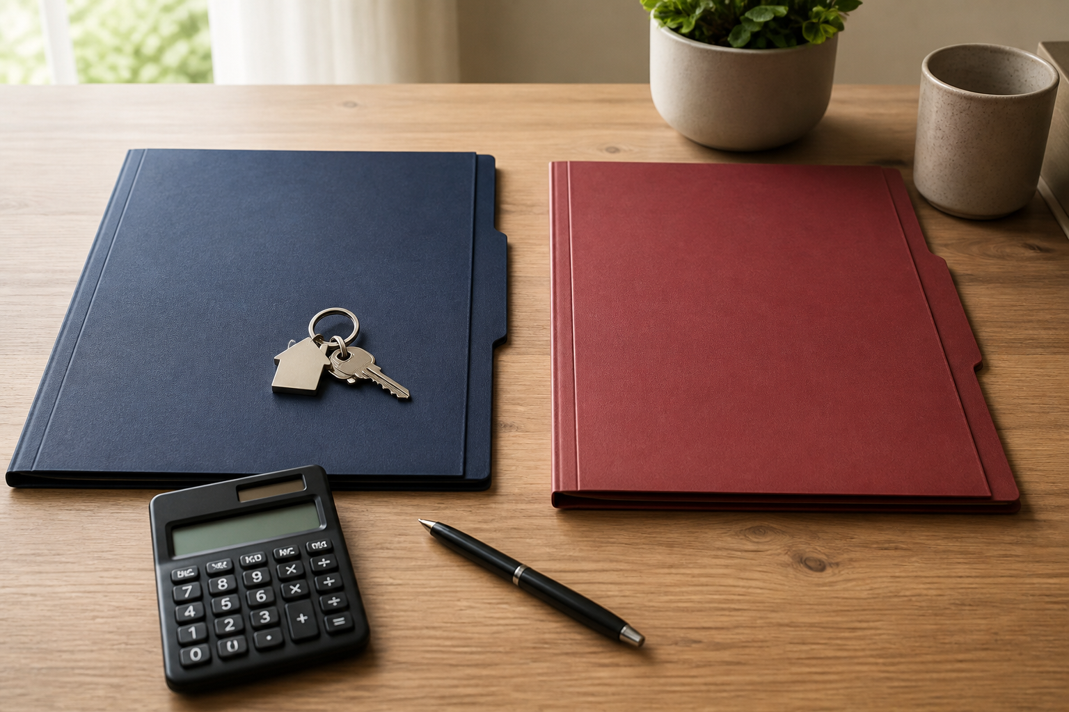 Two organized real estate document folders with house keys, calculator and pen