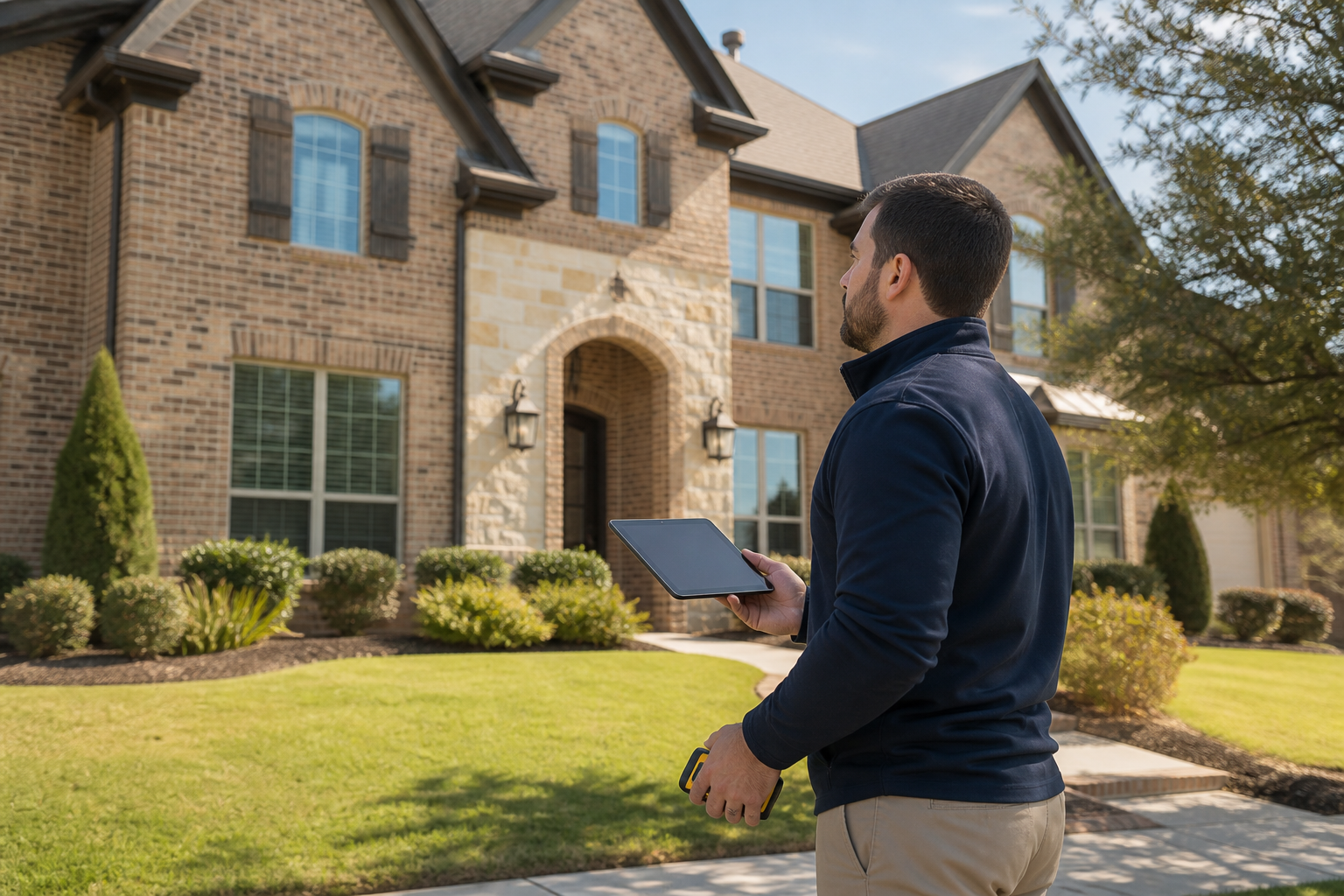 Residential appraiser evaluating a well-kept North Texas suburban home