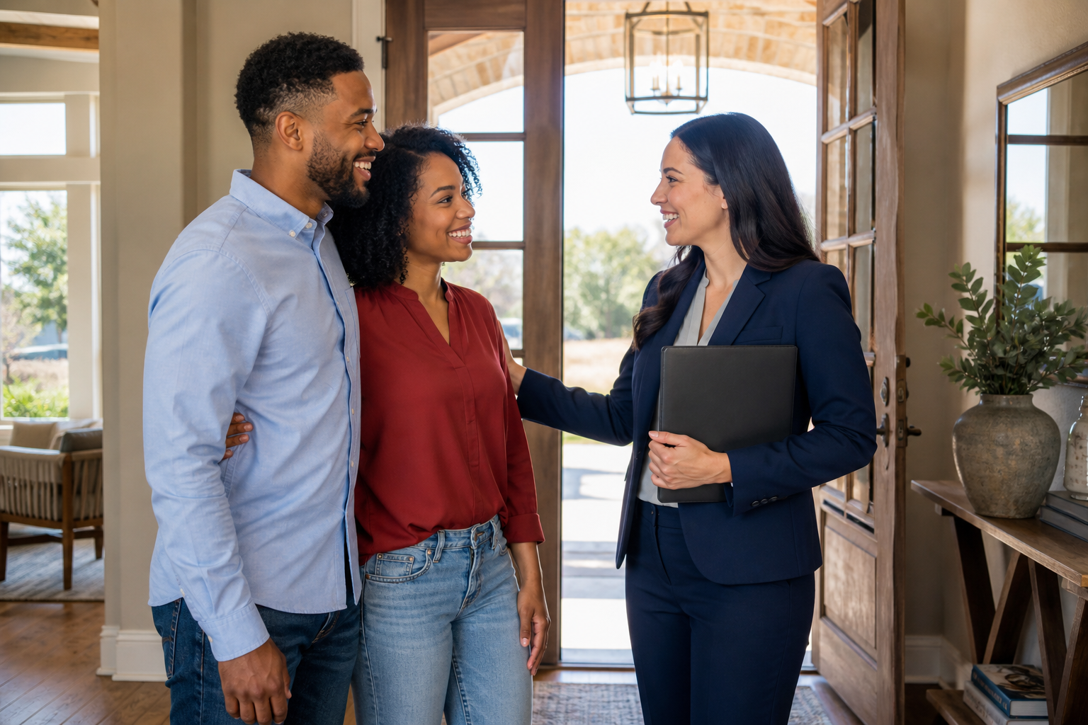 Happy home buyers celebrating an accepted offer with their real estate agent