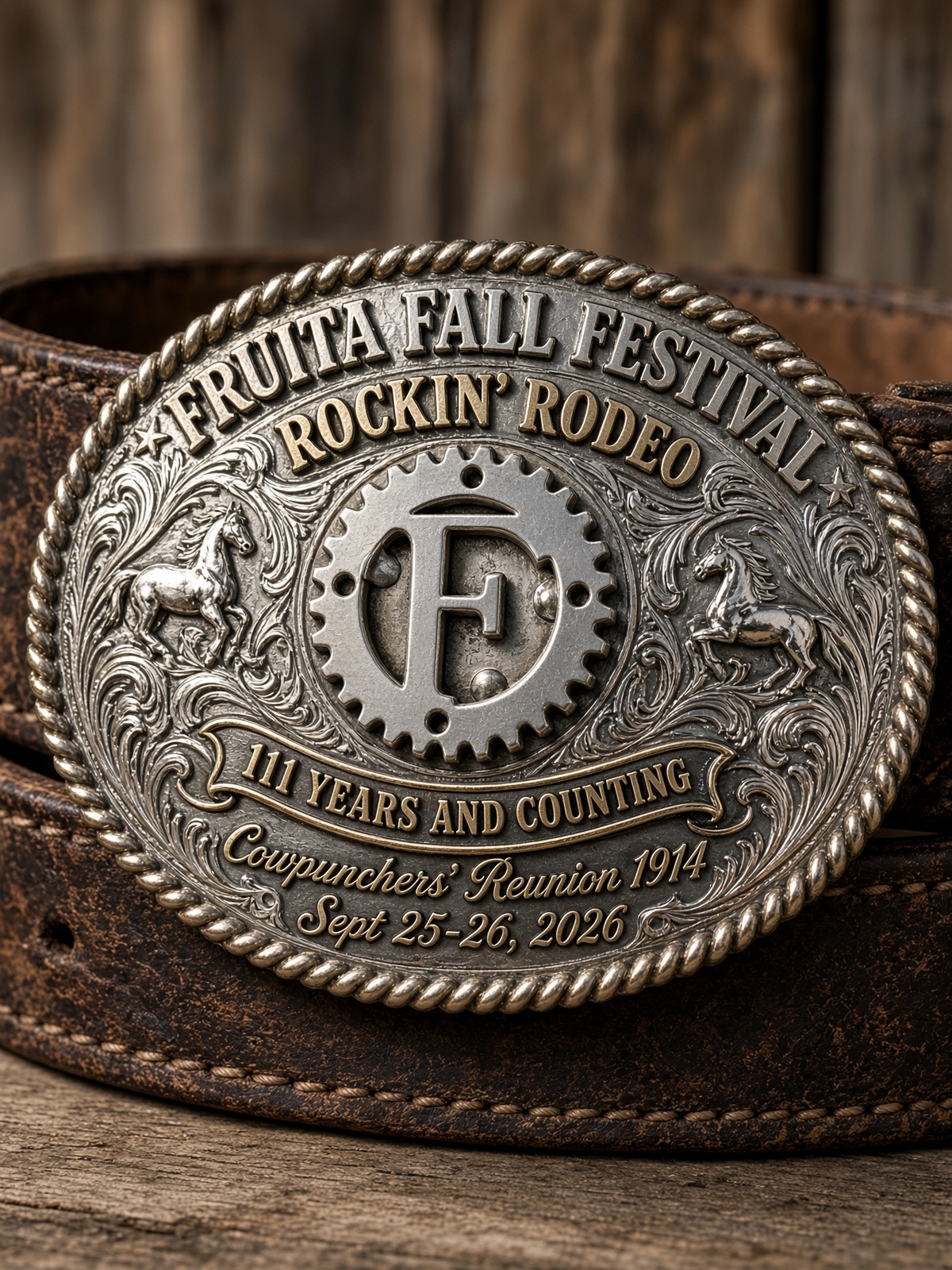 Ornate silver rodeo belt buckle engraved with 