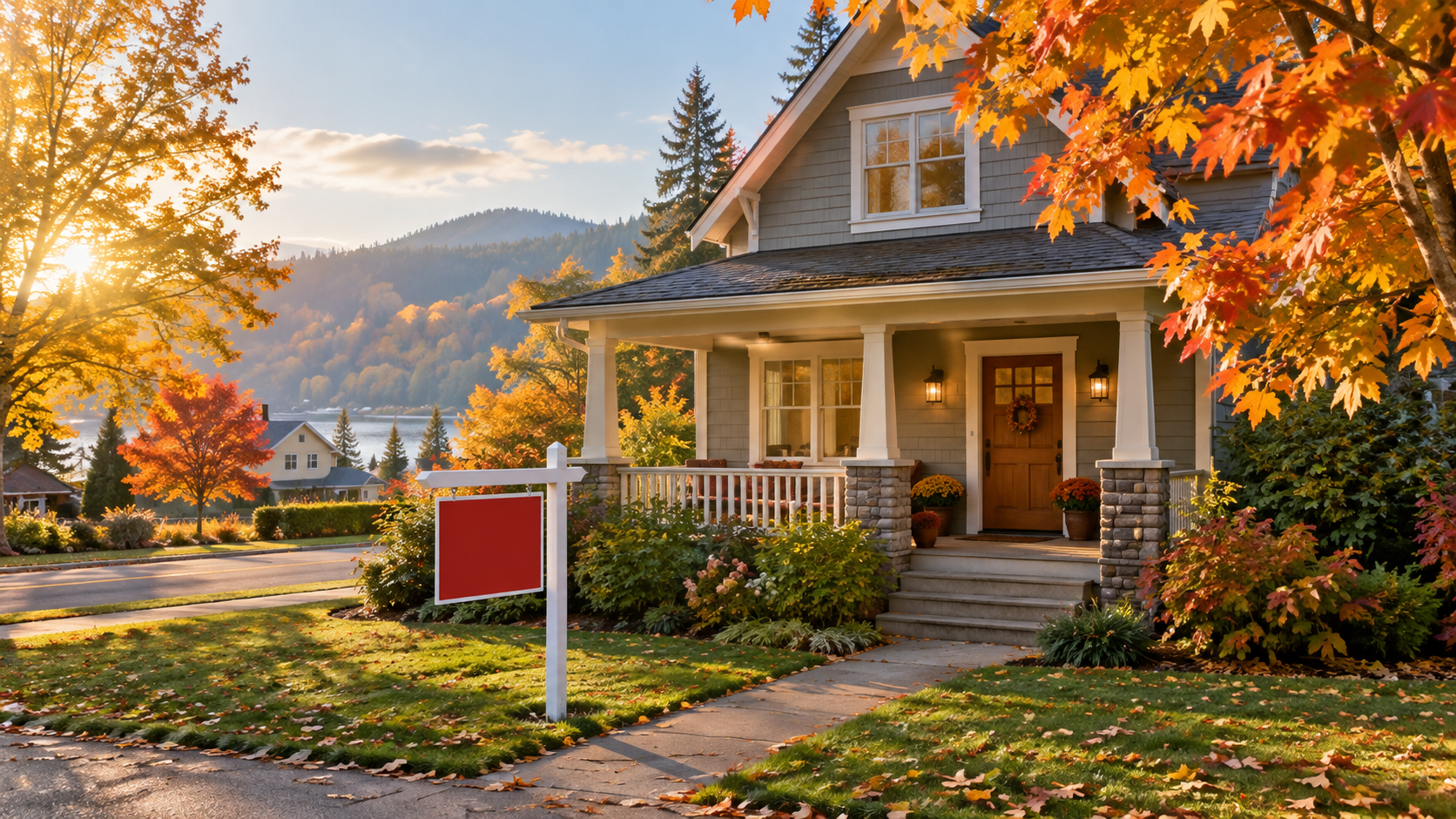 Craftsman-style home with a for-sale sign surrounded by fall foliage in a small Oregon town