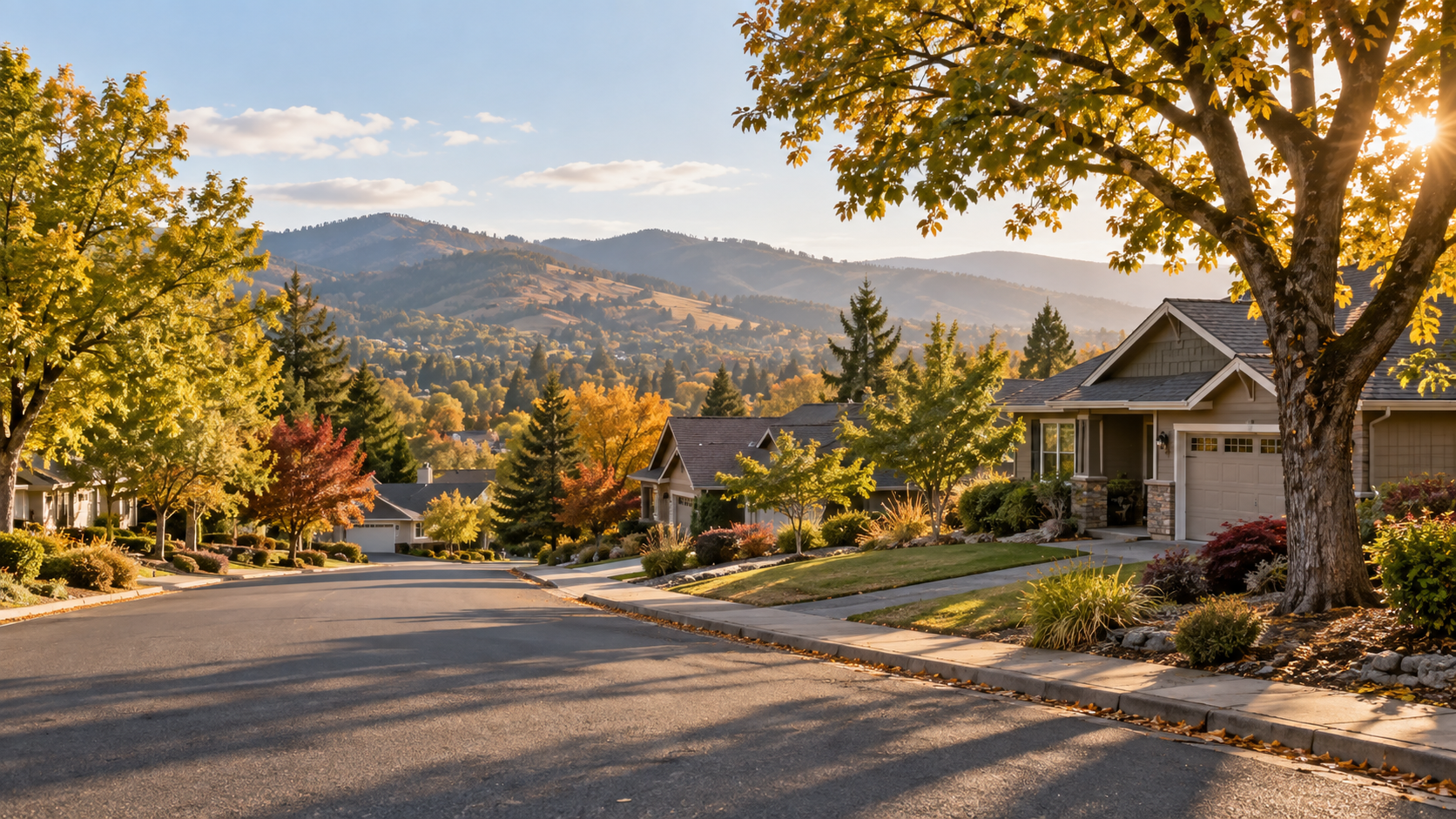 Illustration of a Southern Oregon residential street in early autumn, representing the Douglas County fall housing market