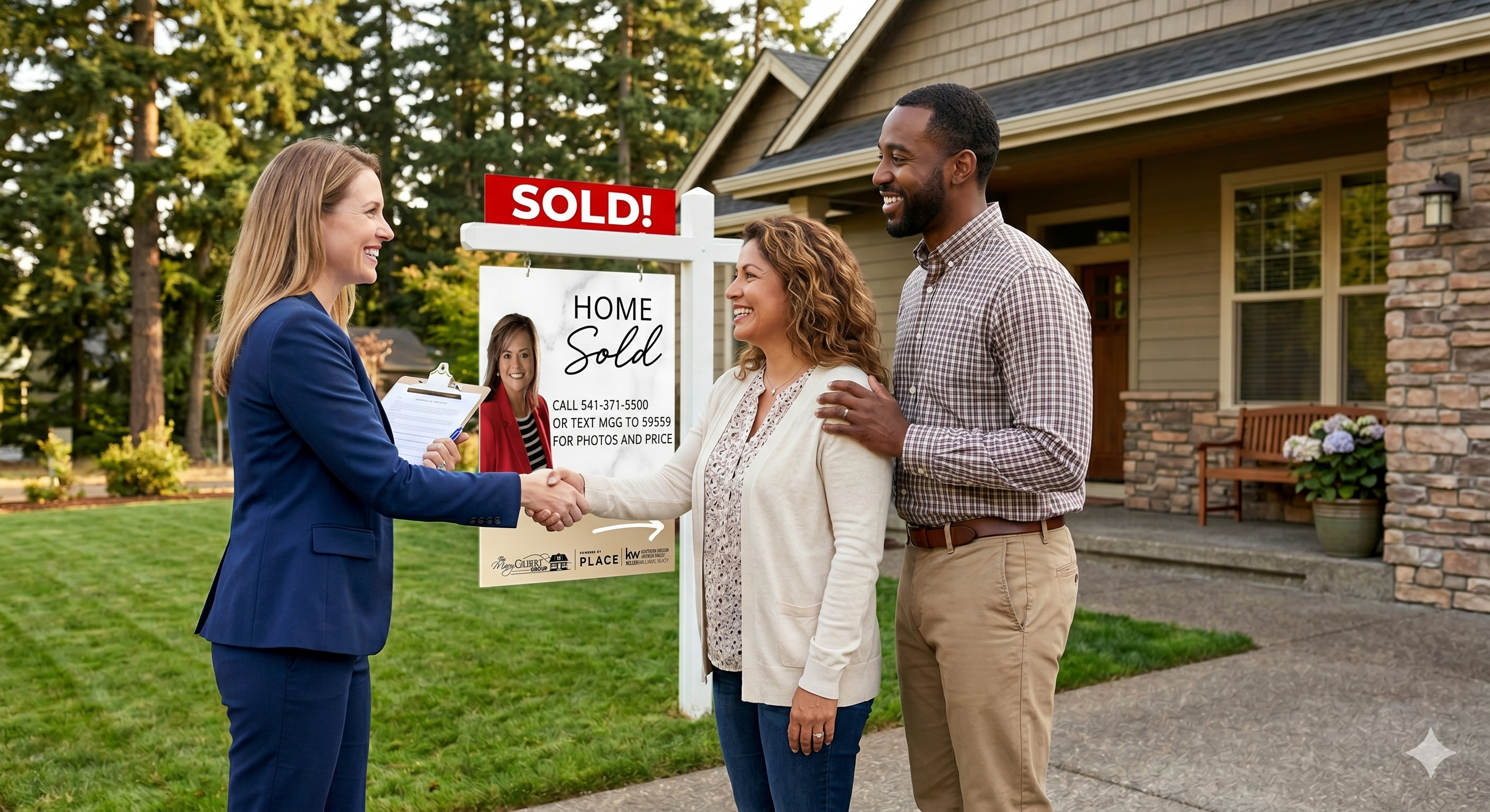 Local real estate agent shaking hands with clients buying a home in Douglas County. A custom Keller Williams and Mary Gilbert Group 