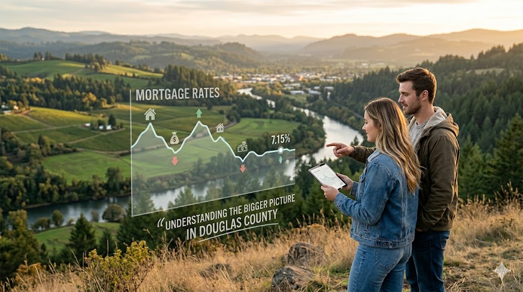 A couple stands on a grassy hill overlooking a scenic green valley with a winding river. A semi-transparent digital graphic floats over the landscape, displaying a fluctuating line graph labeled 