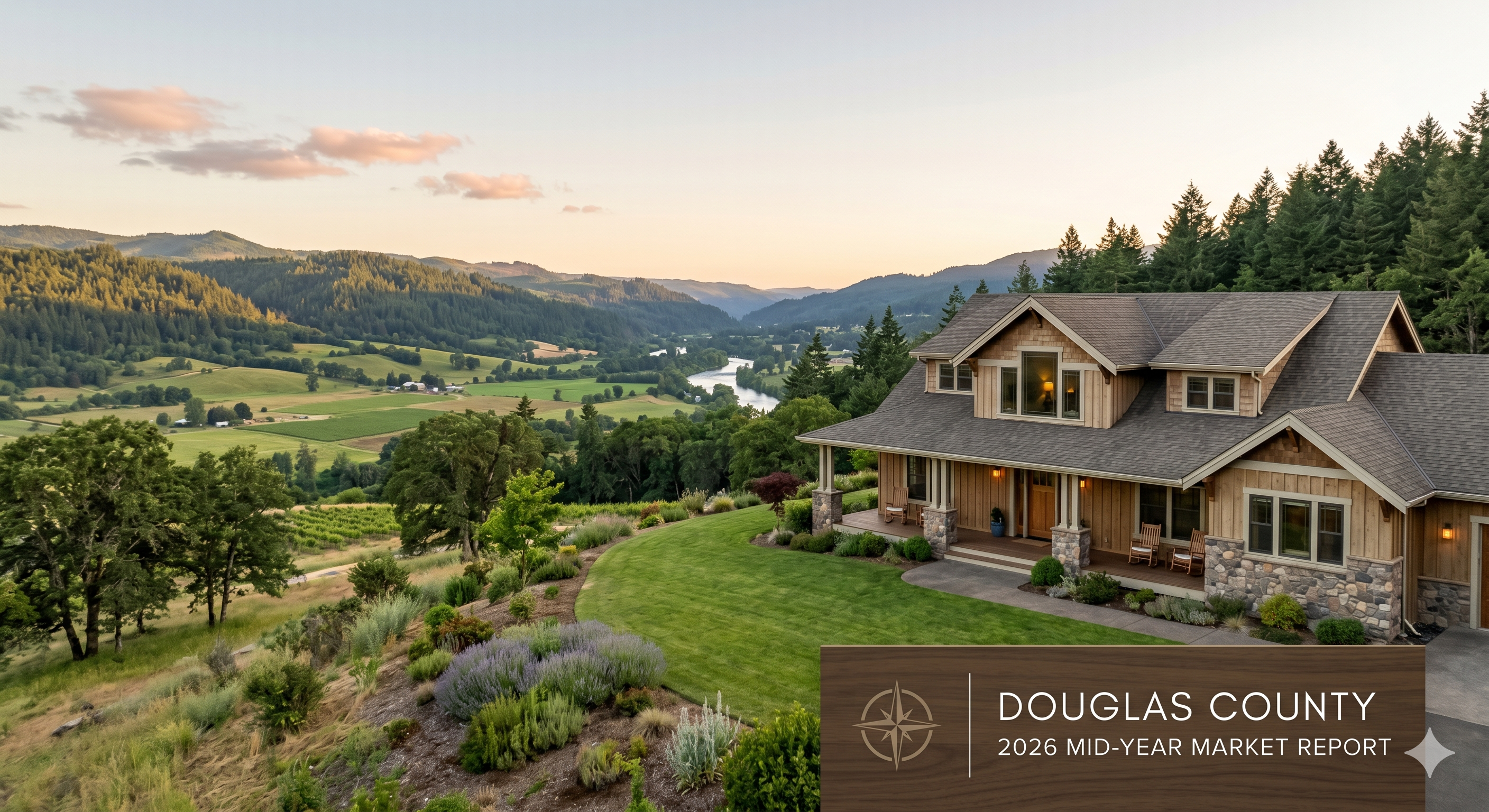 A craftsman-style luxury home with stone accents overlooking a scenic river valley and vineyards in Douglas County, featuring a text overlay for the 2026 Mid-Year Market Report.
