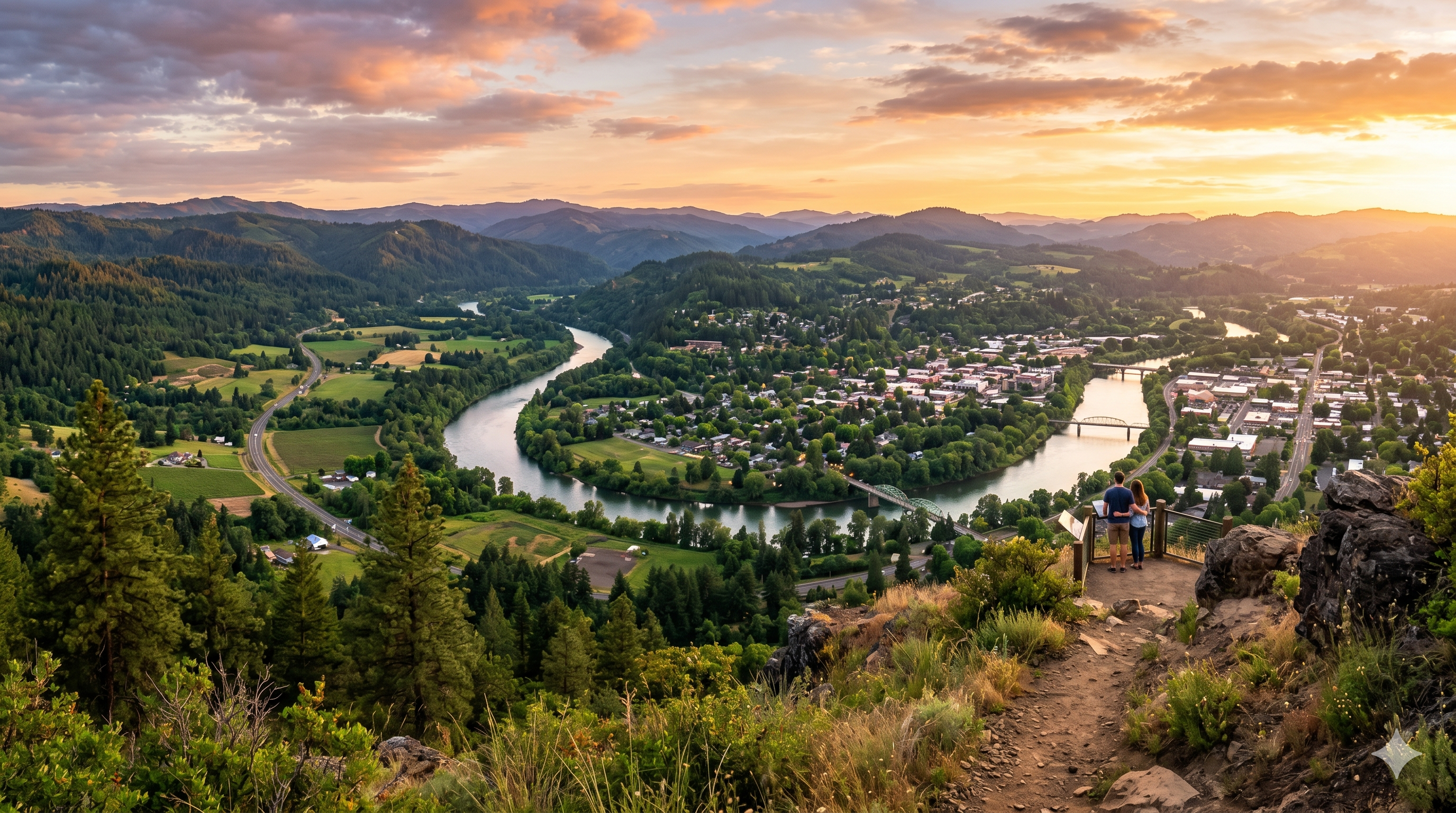 Panoramic view of the Roseburg Area with a sunset in the horizon