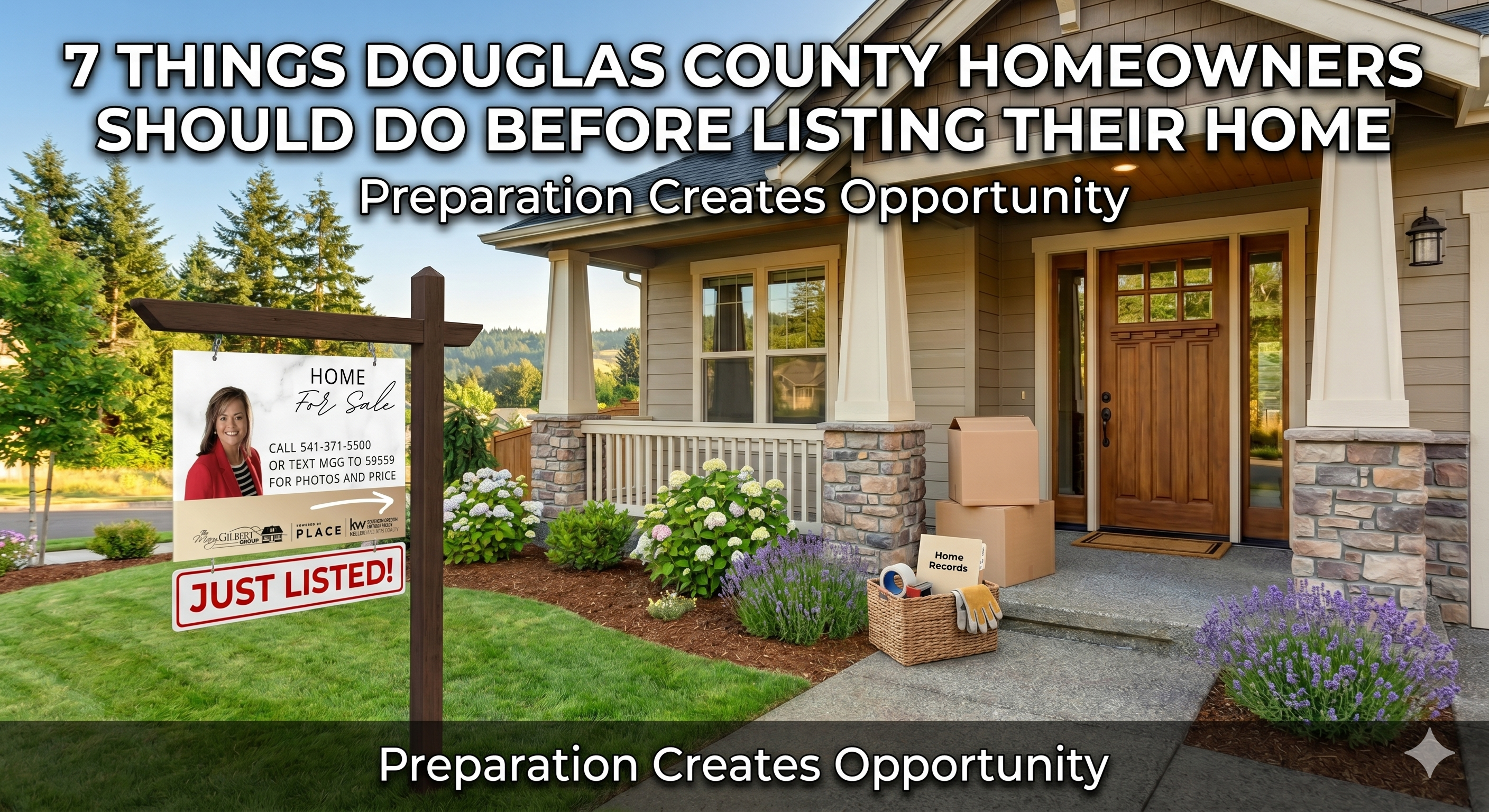 Douglas County home prepared for sale with curb appeal improvements, moving boxes, home records, and a Mary Gilbert Group for-sale sign representing home-selling preparation tips for local homeowners.