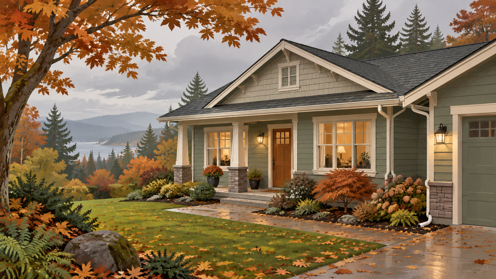 Illustration of an autumn home, not a property for sale