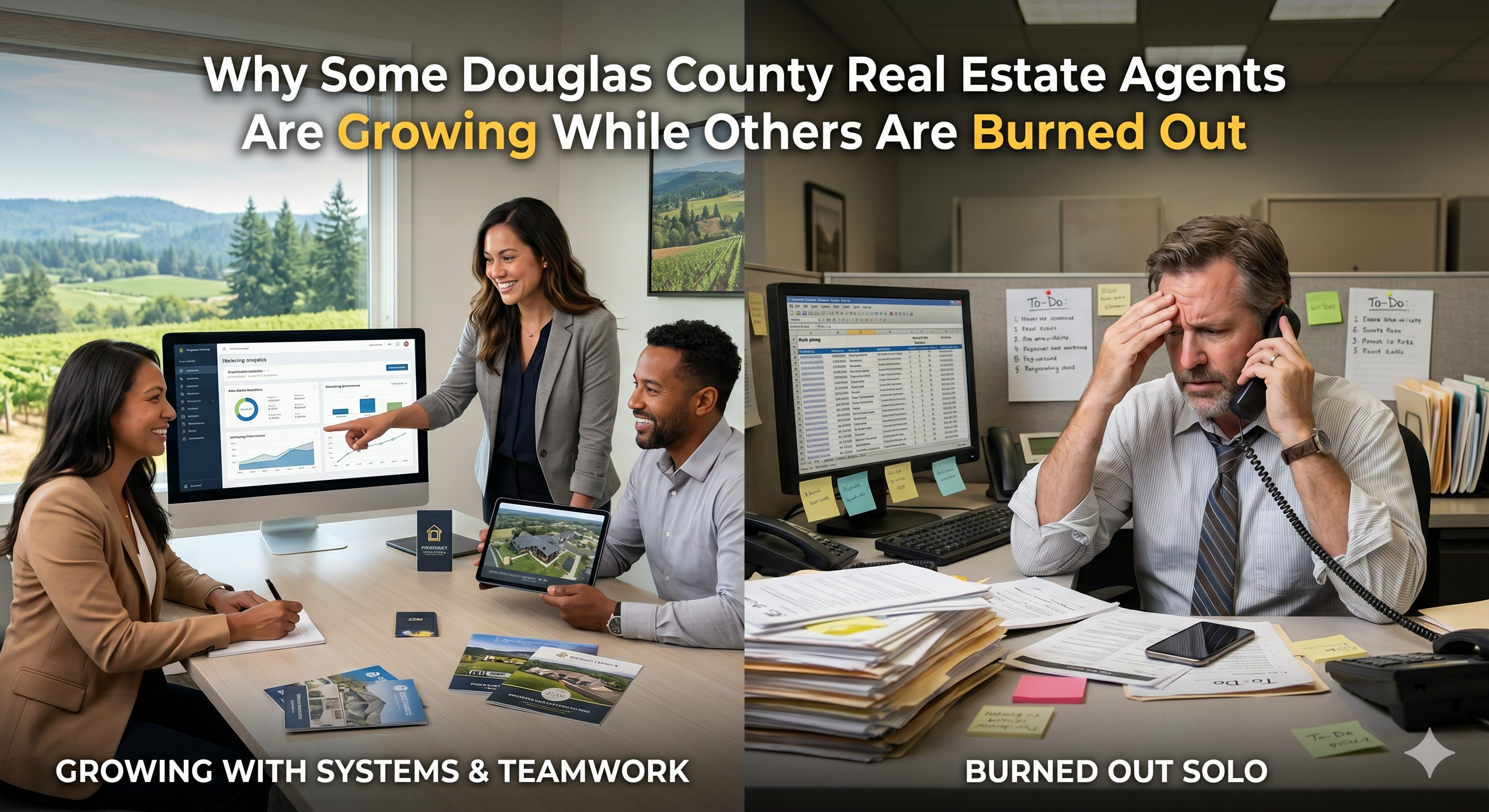 A split-screen image titled 'Why Some Douglas County Real Estate Agents Are Growing While Others Are Burned Out'. Left side shows a collaborative team in a bright office captioned 'GROWING WITH SYSTEMS & TEAMWORK'. Right side shows a stressed, overworked solo agent surrounded by paperwork captioned 'BURNED OUT SOLO'.