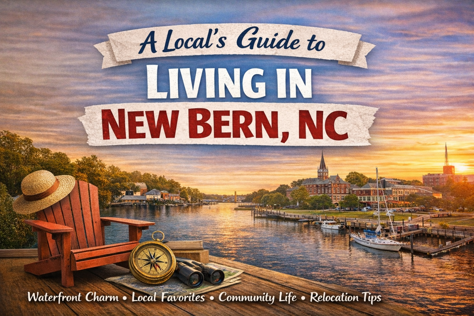 Promotional blog cover image for “A Local’s Guide to Living in New Bern, NC” featuring a sunset waterfront view of downtown New Bern, sailboats at the marina, and foreground lifestyle items including an Adirondack chair, compass, map, and binoculars.