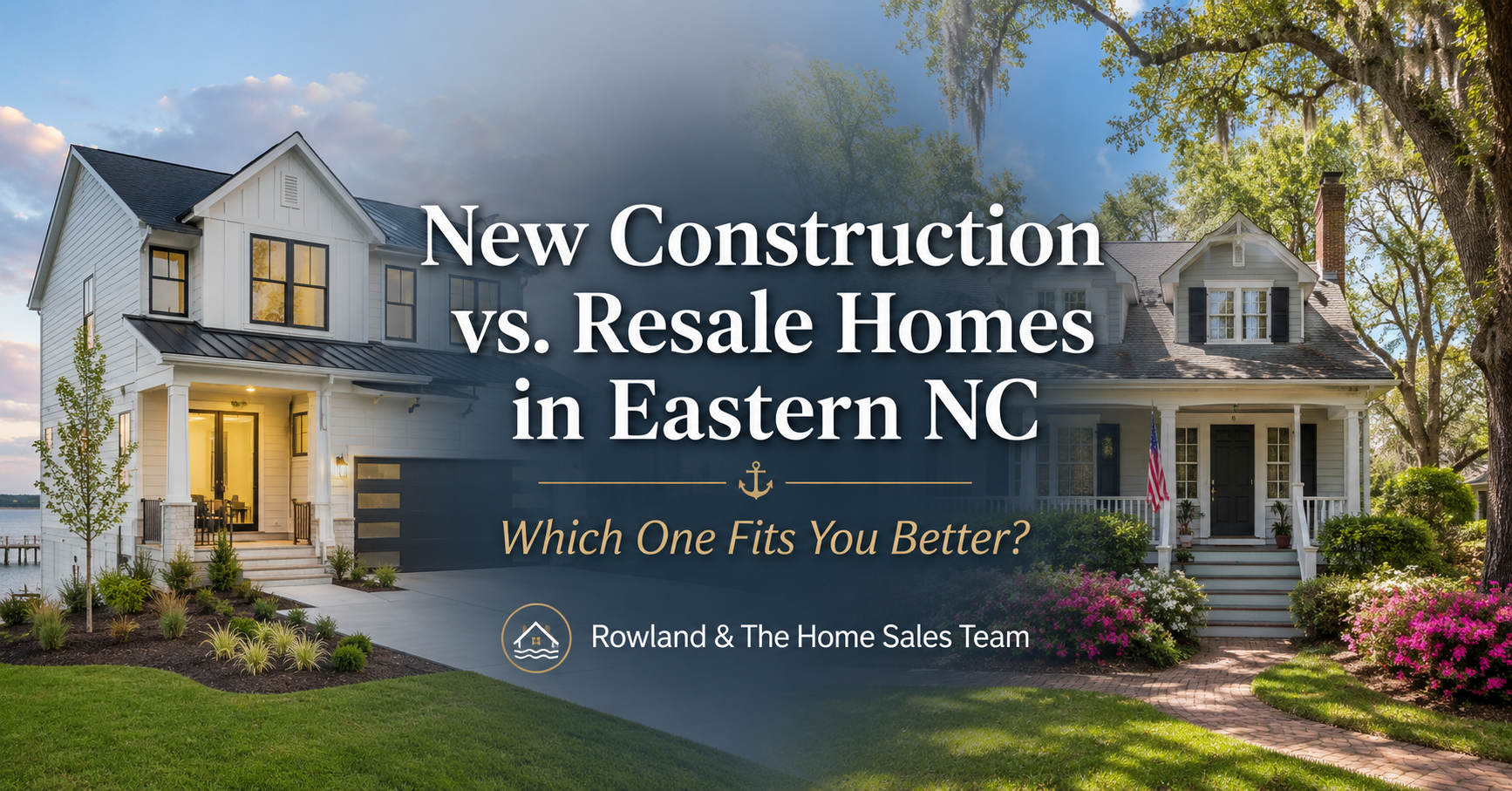Blog header graphic showing a side-by-side comparison of a modern new construction home and a traditional resale home with mature landscaping, with centered text reading “New Construction vs. Resale Homes in Eastern NC — Which One Fits You Better?” and Rowland & The Home Sales Team branding.